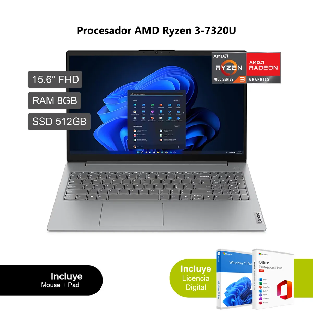 LENOVO - Laptop Lenovo V15 G4 AMN AMD Ryzen 3 7320U 8GB RAM 512GB SSD 15.6" FHD 82YU017LLM + WO