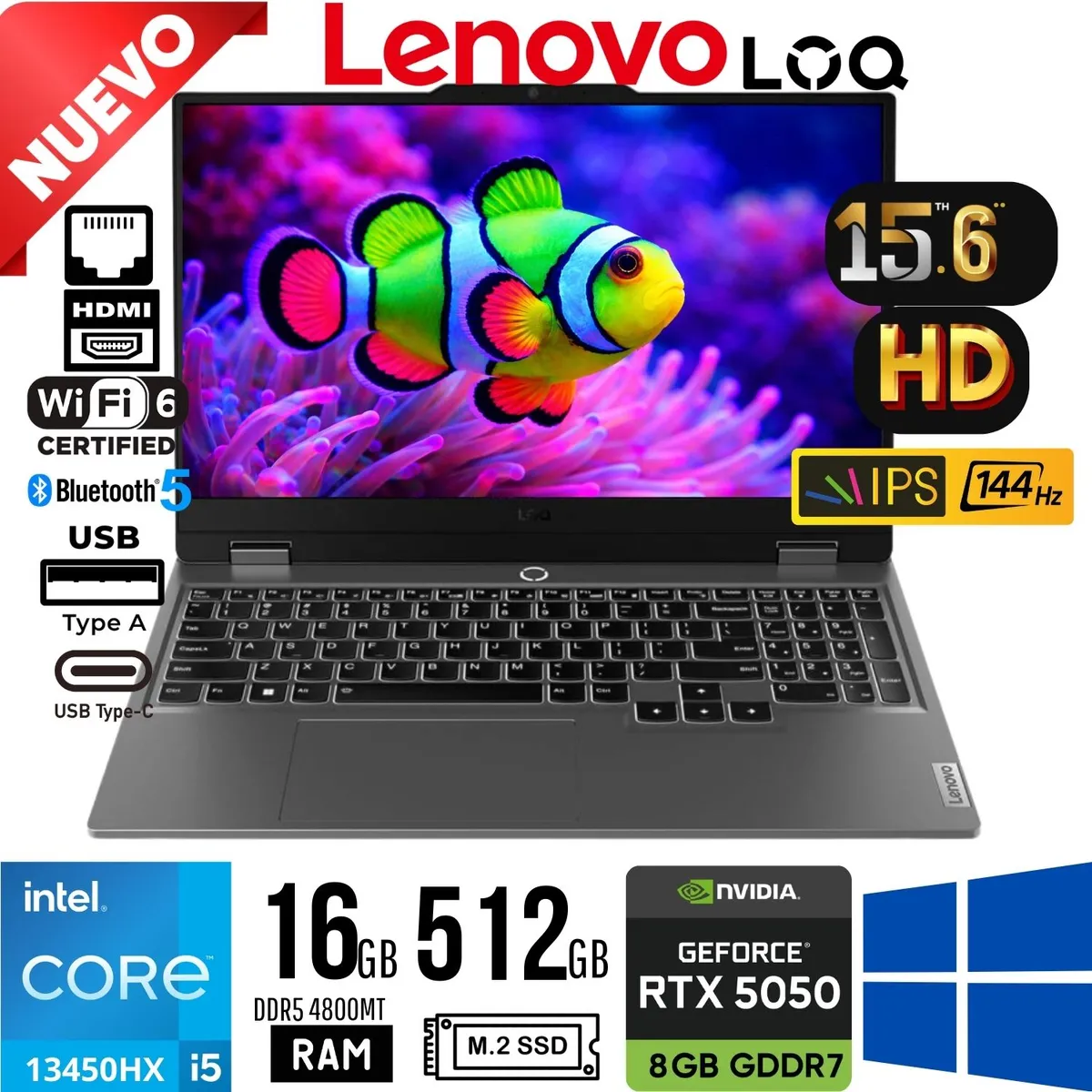 LENOVO - LAPTOP LENOVO LOQ 15IRX11 I5-13450HX 13va 16GB DDR5 512GB SSD RTX 5050 8GB WIN 11 15.6" FHD