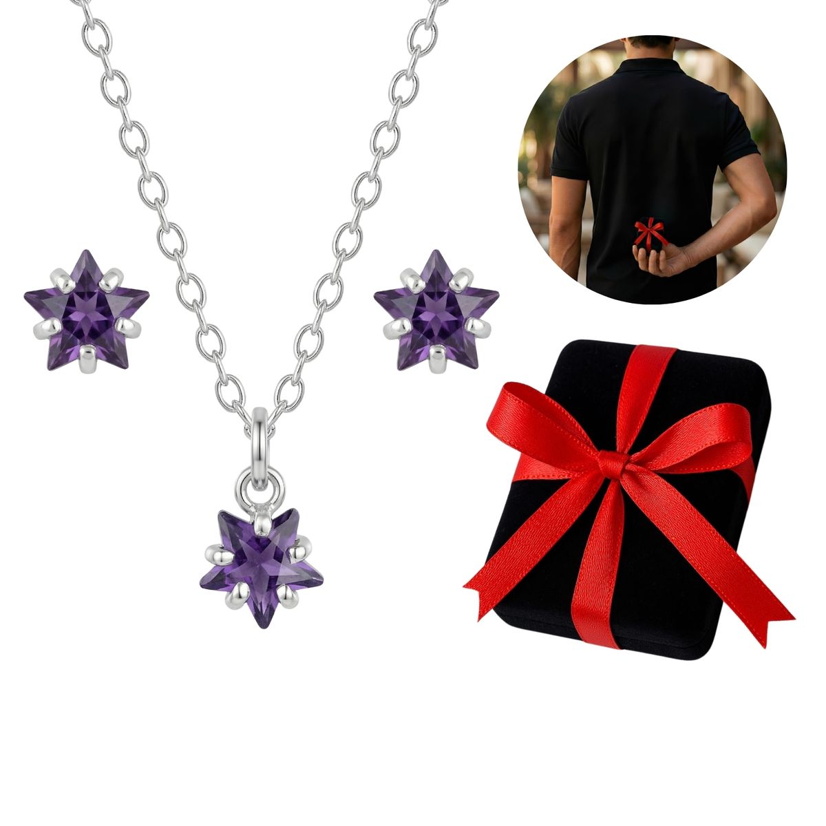 KARMY - Set Aretes Collar Estrella Violeta Regalo Niña Cumpleaños Plata