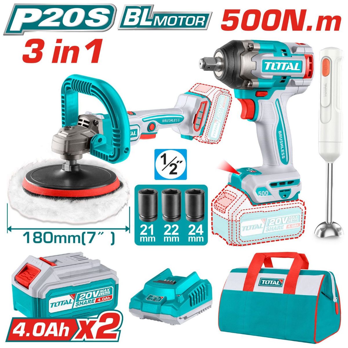 TOTAL TOOLS - Llave de Impacto 500 Nm ½ + Pulidora 20V con Batidor Total-TOSLI240686