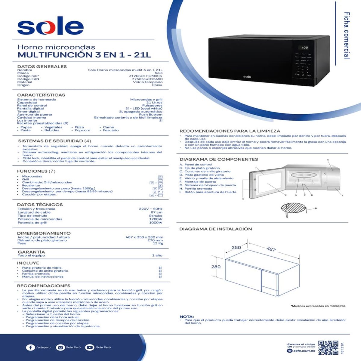 SOLE - Combo Cocina de pie Bali 5H + Microondas 3 En 1 Multifunciones 21L