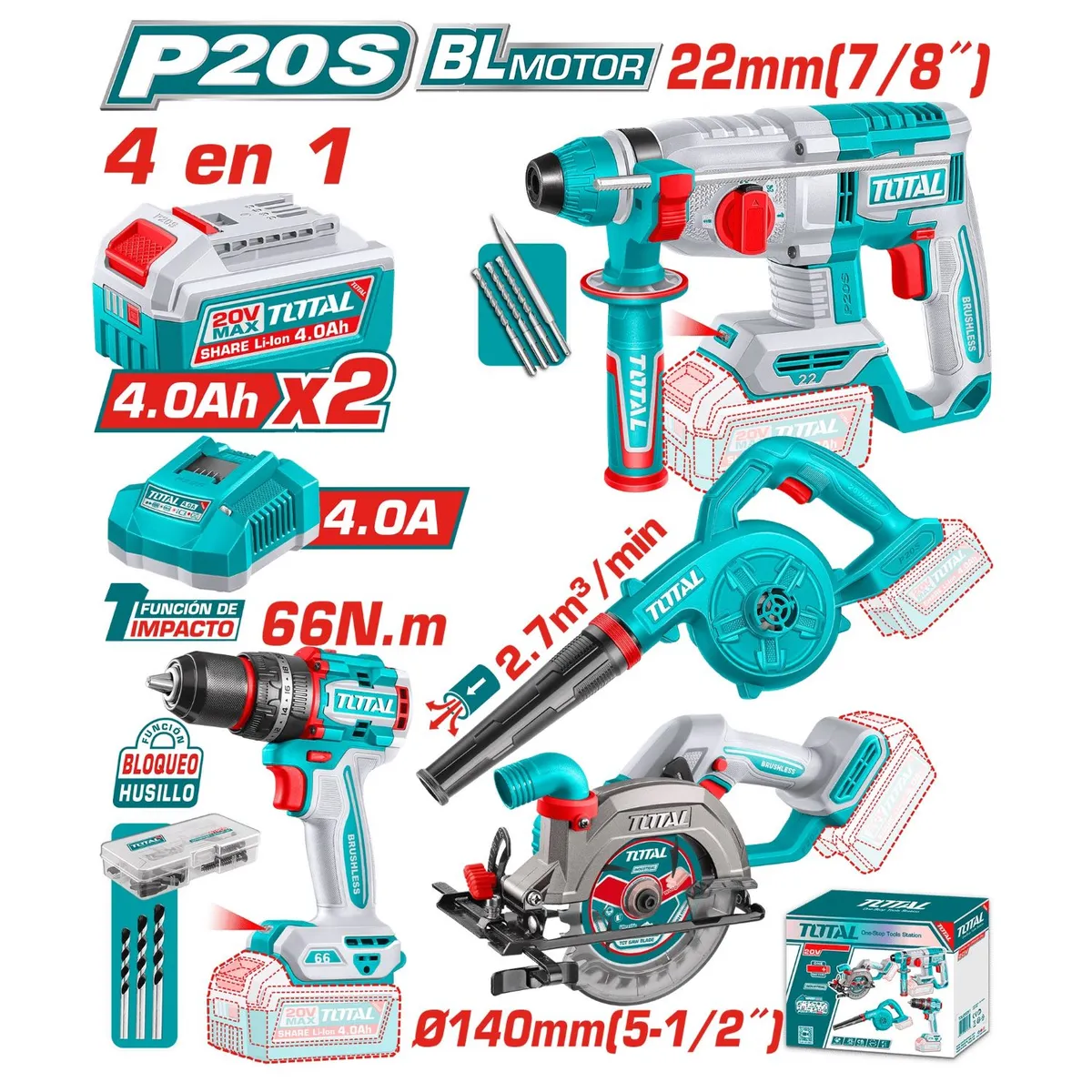TOTAL TOOLS - TALADRO 66 NM + ROTOMARTILLO + SIERRA CIRCULAR + SOPLADORA 20V TOTAL-TOSLI250695