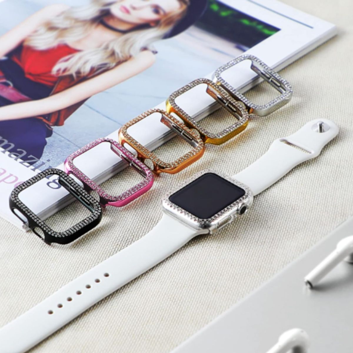 GENERICO - Bumper para Apple Watch Doble Fila Diamante 44mm - ROSADO