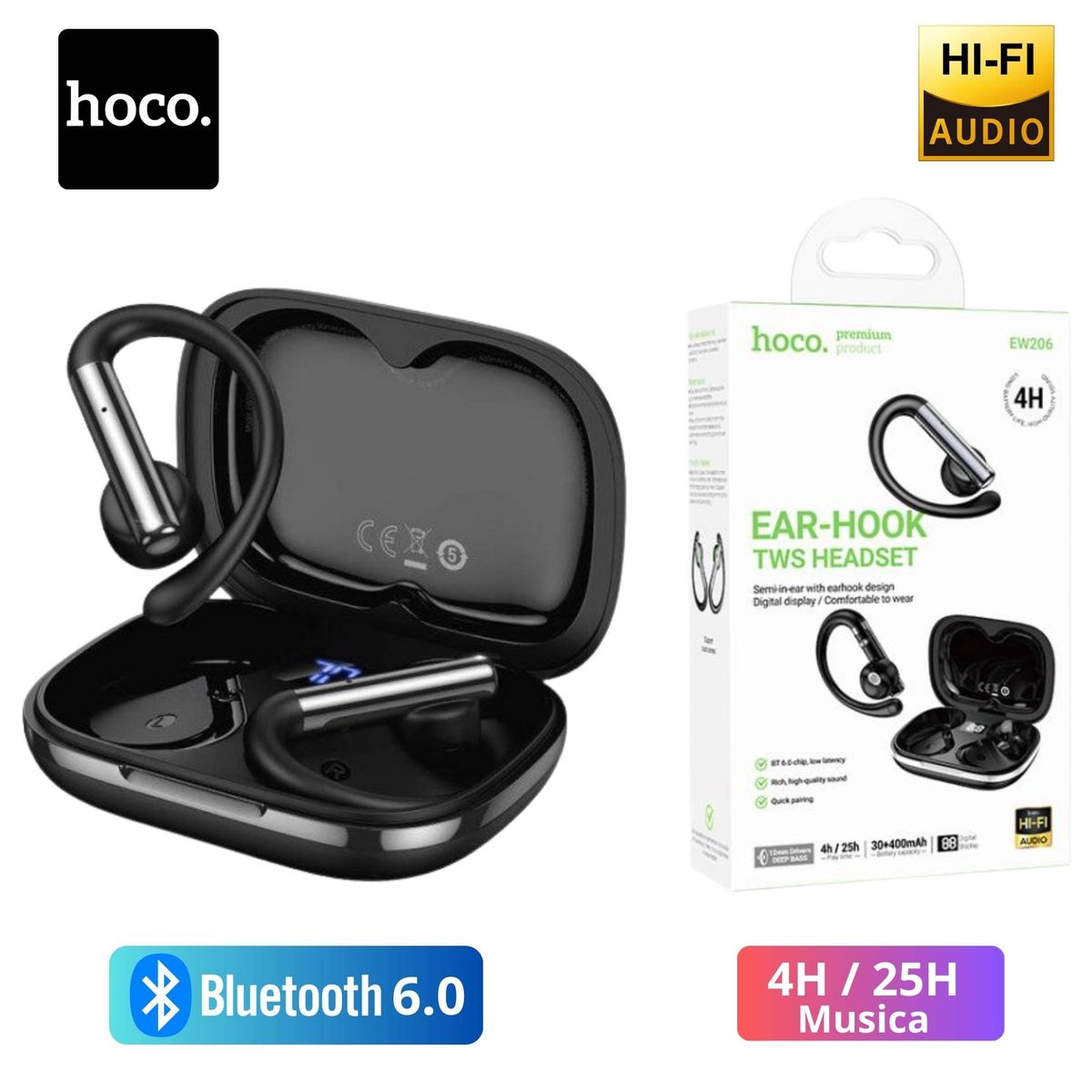 HOCO - Audifono Deportivo HOCO EAR HOOK Sonido Hi-Fi 4 Horas Música 25 Horas Total con Estuche