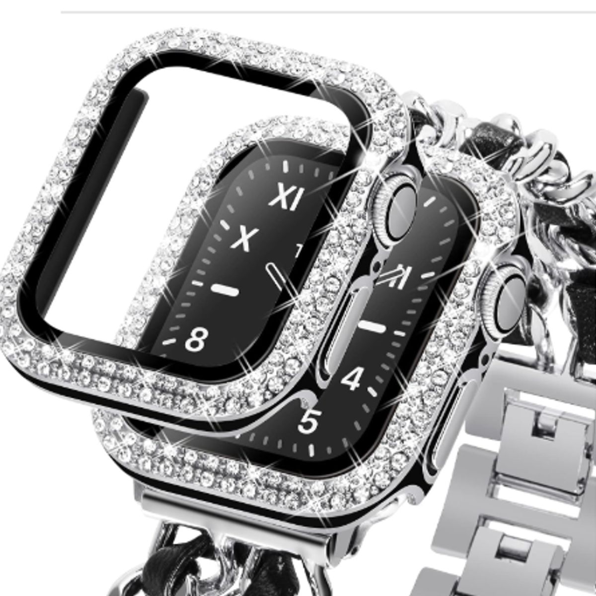 GENERICO - Bumper para Apple Watch Doble Fila Diamante 44mm - PLATEADO