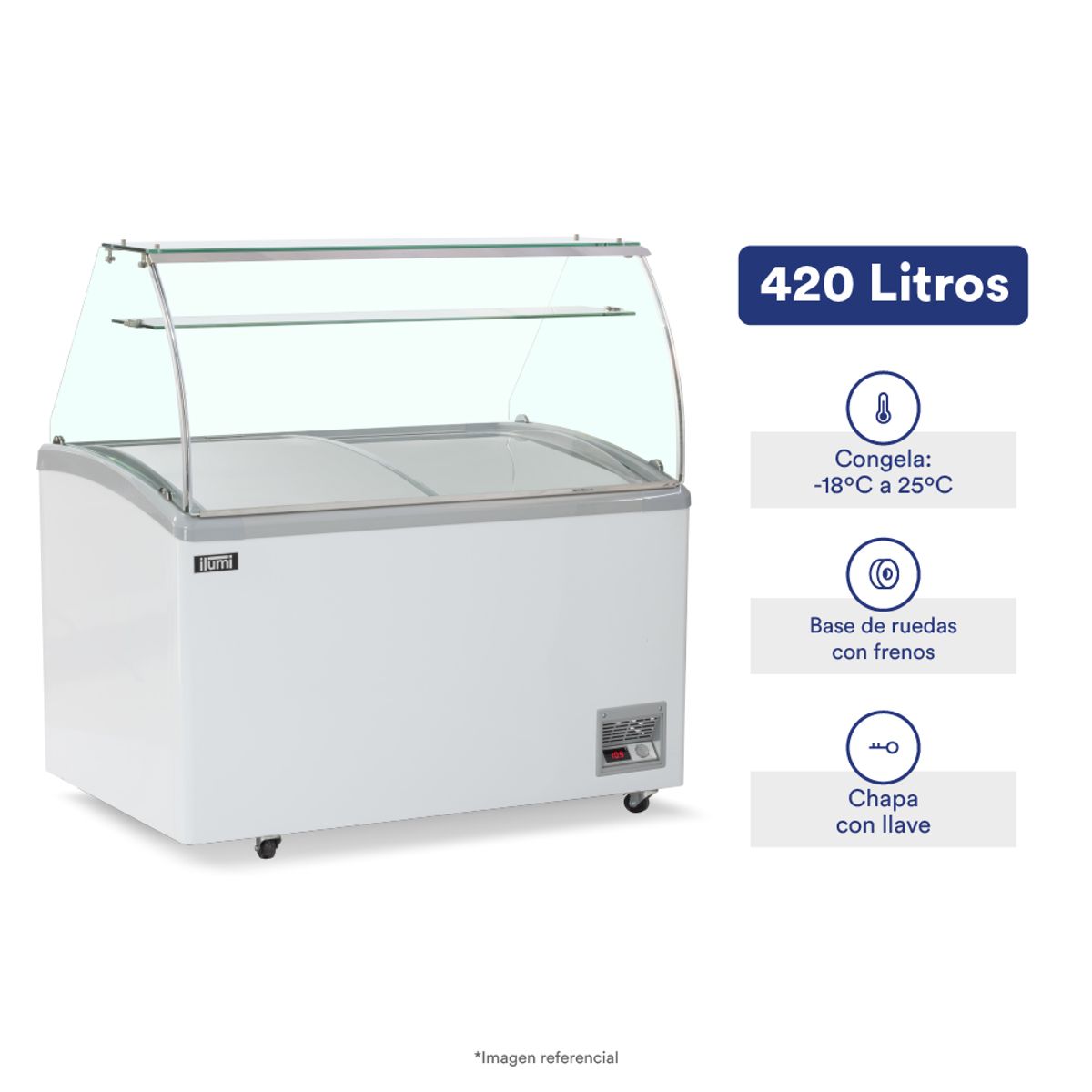ILUMI - Congelador Ilumi de 420 litros con vitrina y 9 pozas