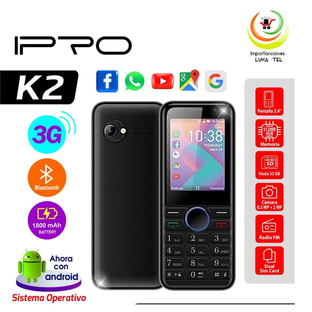 IPRO - CELULAR BASICO IPRO K2 CON REDES SOCIALES 3G DUAL SIM - NEGRO