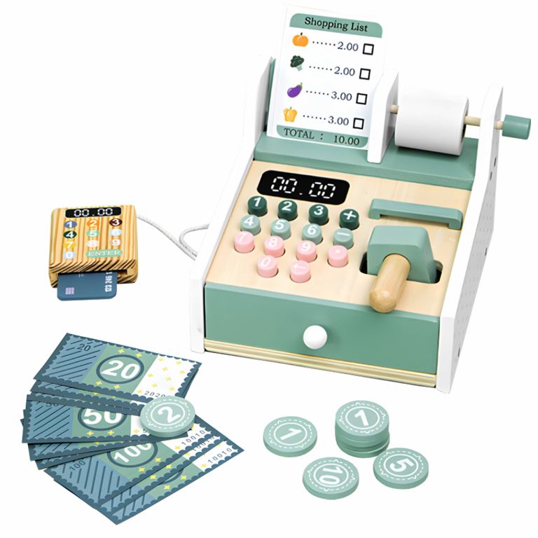 Caja Registradora De Madera Para Niños Con Escáner Y Sonido – Incluye Dinero Falso, Tarjeta, Menús Y Cesta – Juguete De Supermercado – Regalo Educativo Para +3 Años