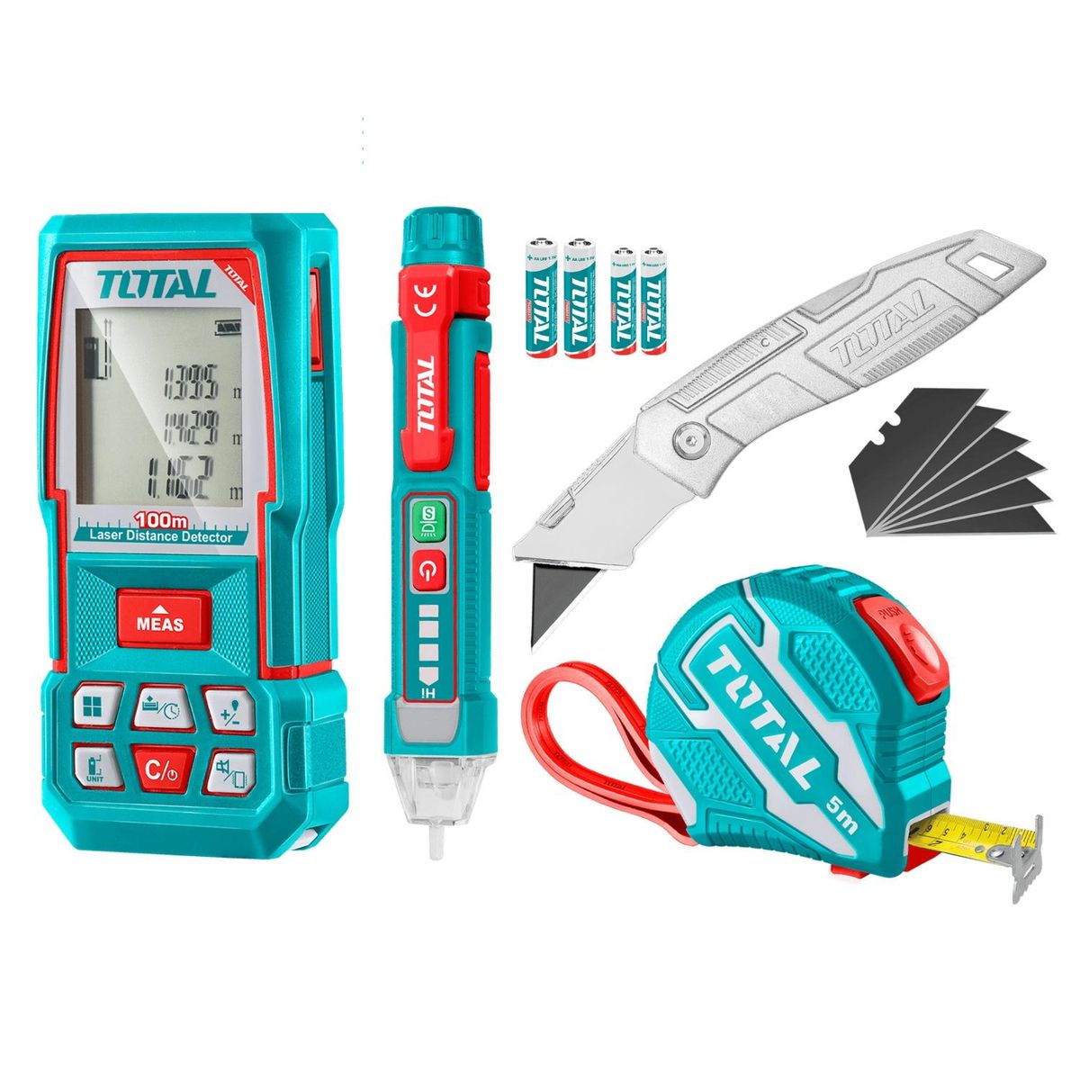 TOTAL TOOLS - Medidor laser 100M + detector + navaja y wincha Total