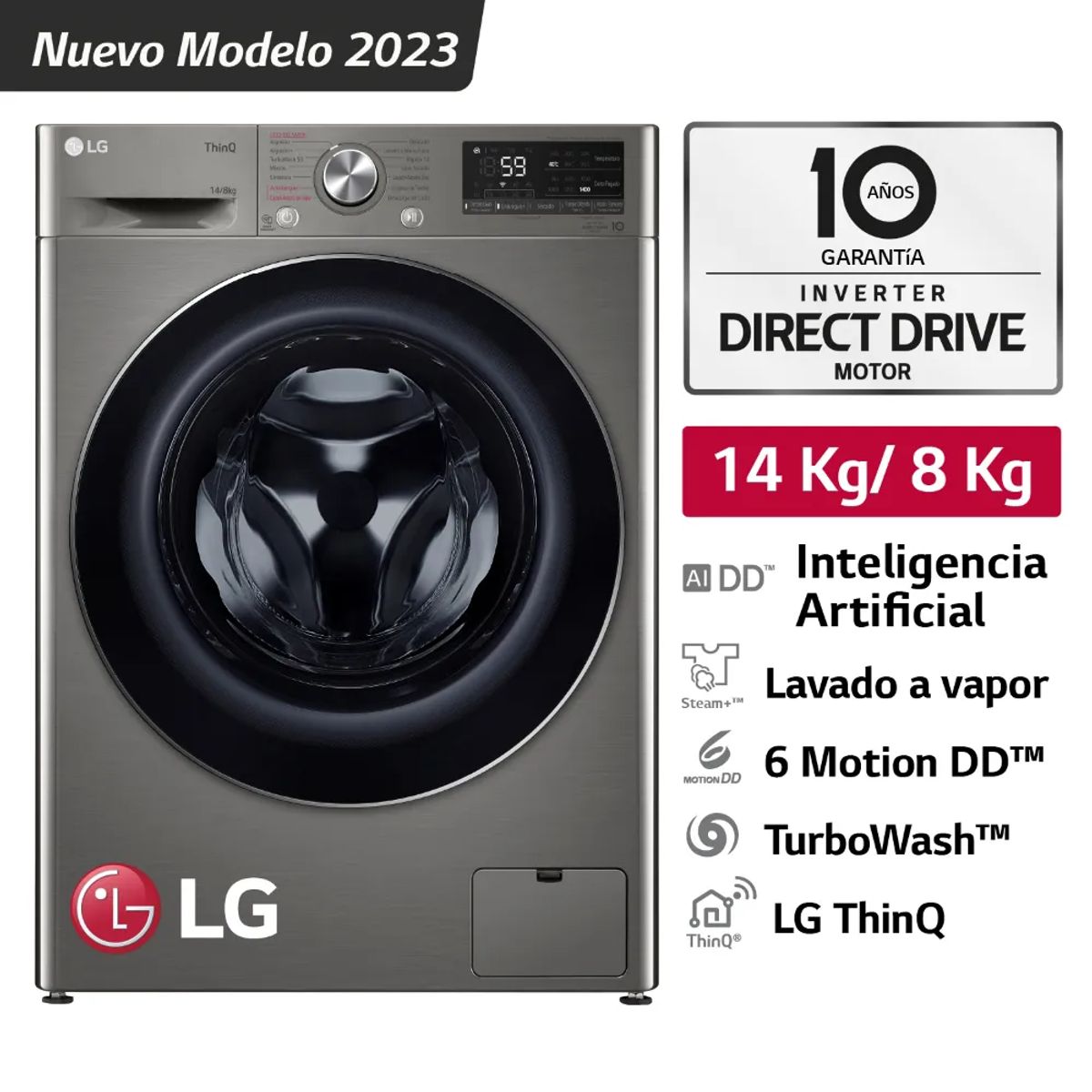 LG - Lavaseca Carga Frontal 14kg8kg AI DD Plateado LG WD14PVC4S6C