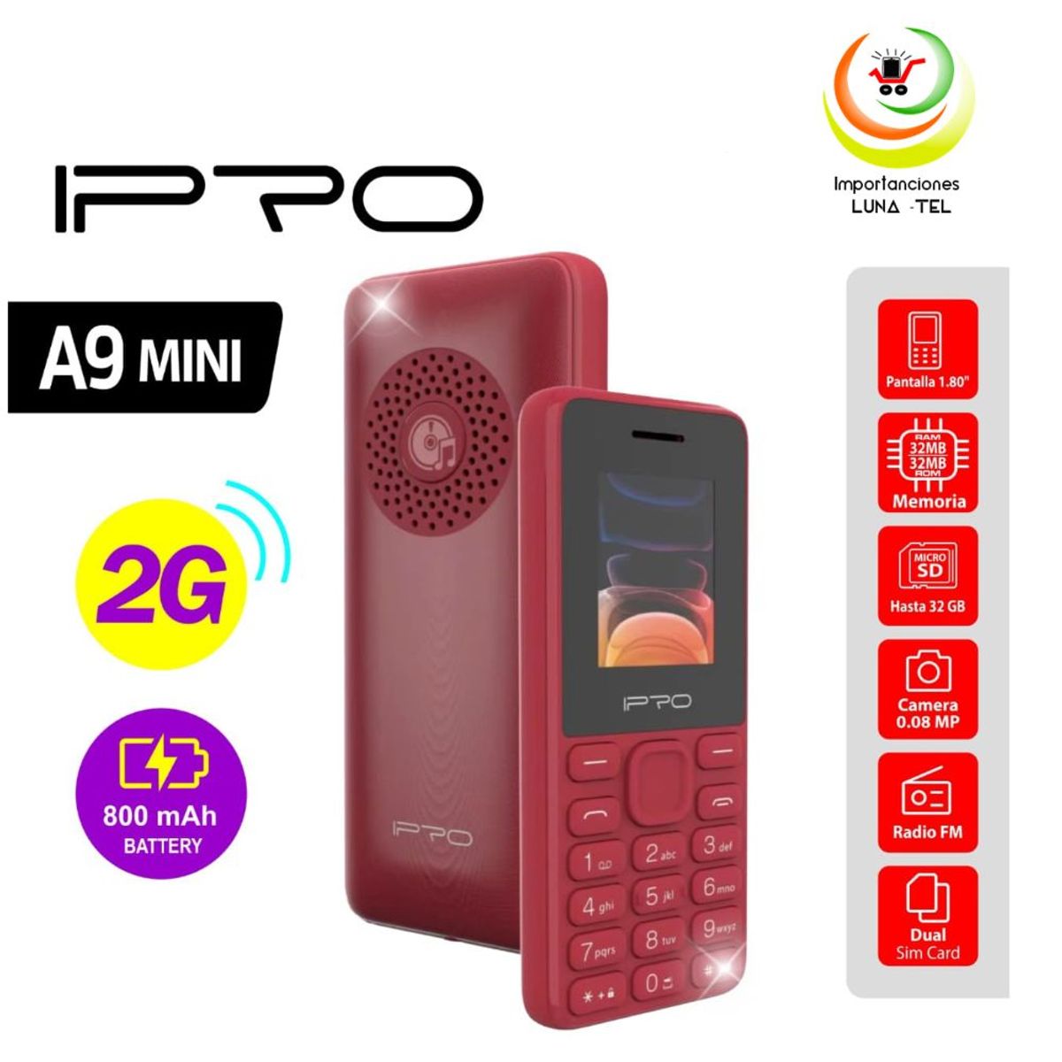 IPRO - CELULAR BASICO IPRO A9 MINI  2G DUAL SIM -ROJO