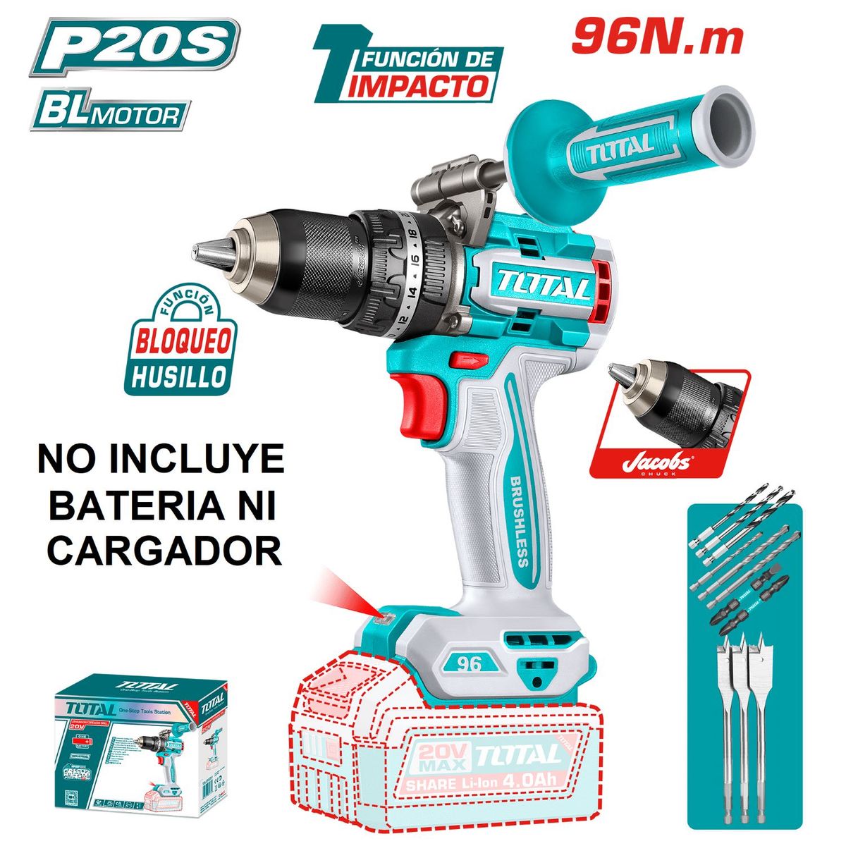 TOTAL TOOLS - TALADRO ATORNILLADOR PERCUTOR BL 96NM 20V 13MM SOLO CABEZAL-TIDLI209685