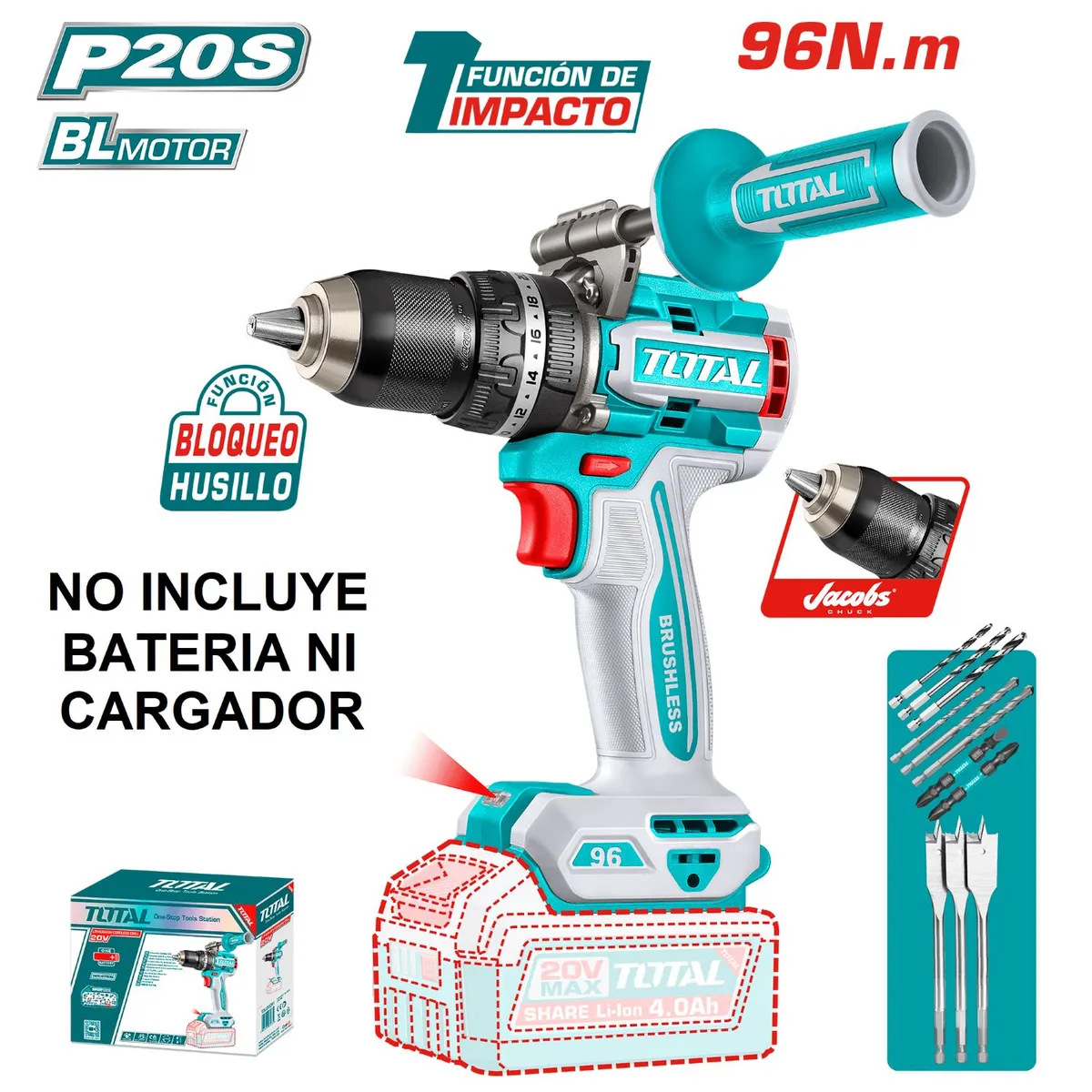 TOTAL TOOLS - TALADRO ATORNILLADOR PERCUTOR BL 96NM 20V 13MM SOLO CABEZAL-TIDLI209685