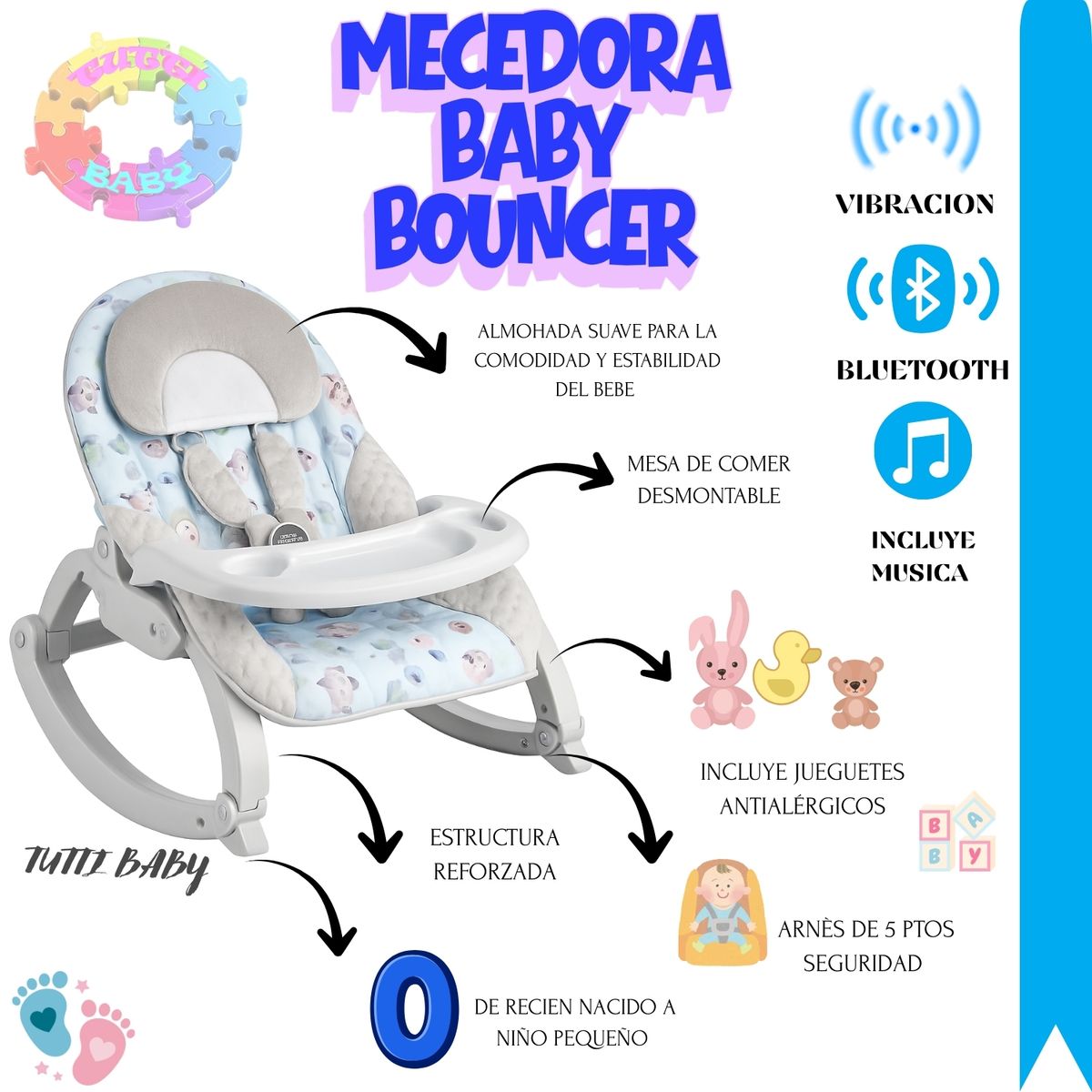 BABI - SILLA MECEDORA DIDACTICA BABY BOUNCER CON BLUETOOTH