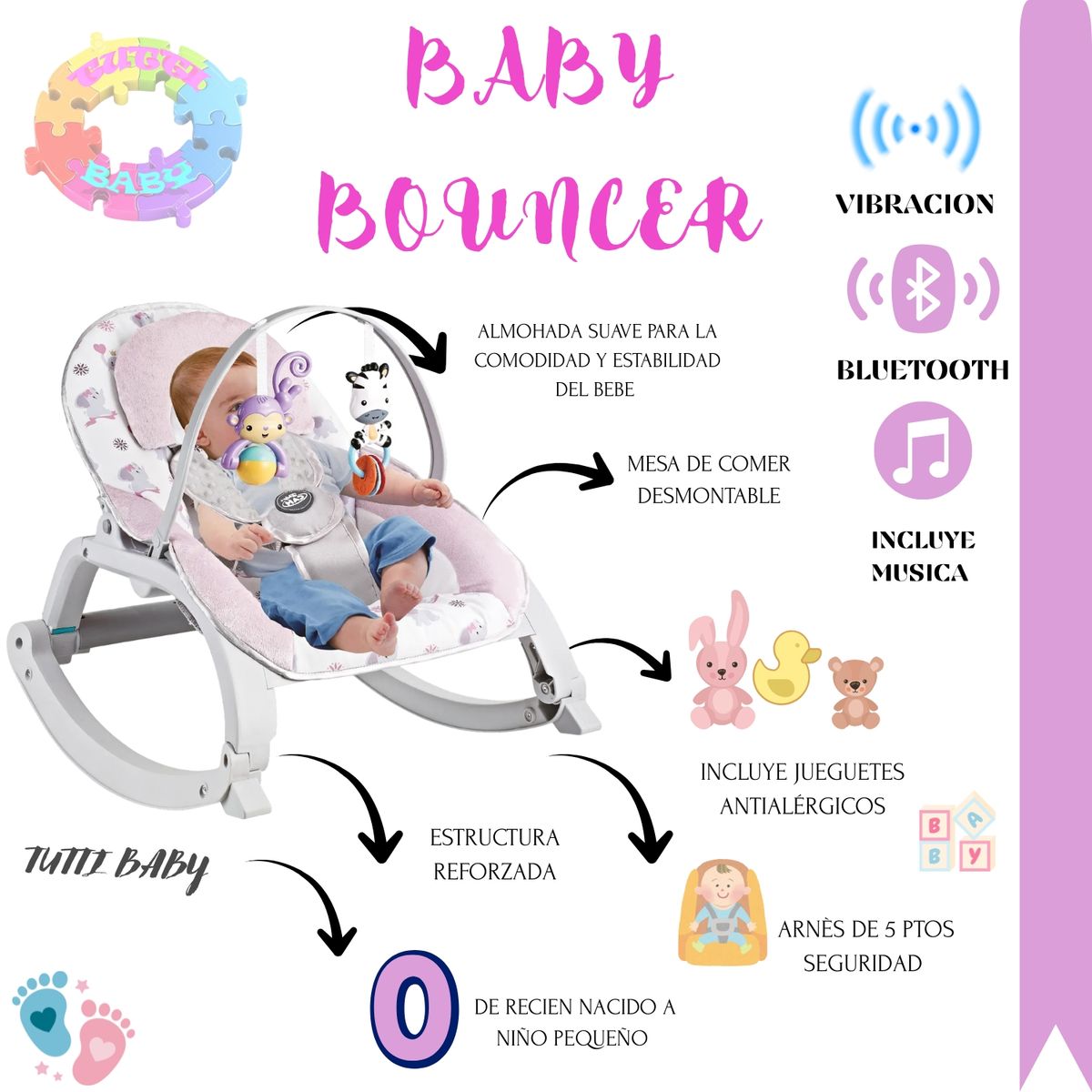 BABI - SILLA MECEDORA DIDACTICA BABY BOUNCER CON BLUETOOTH