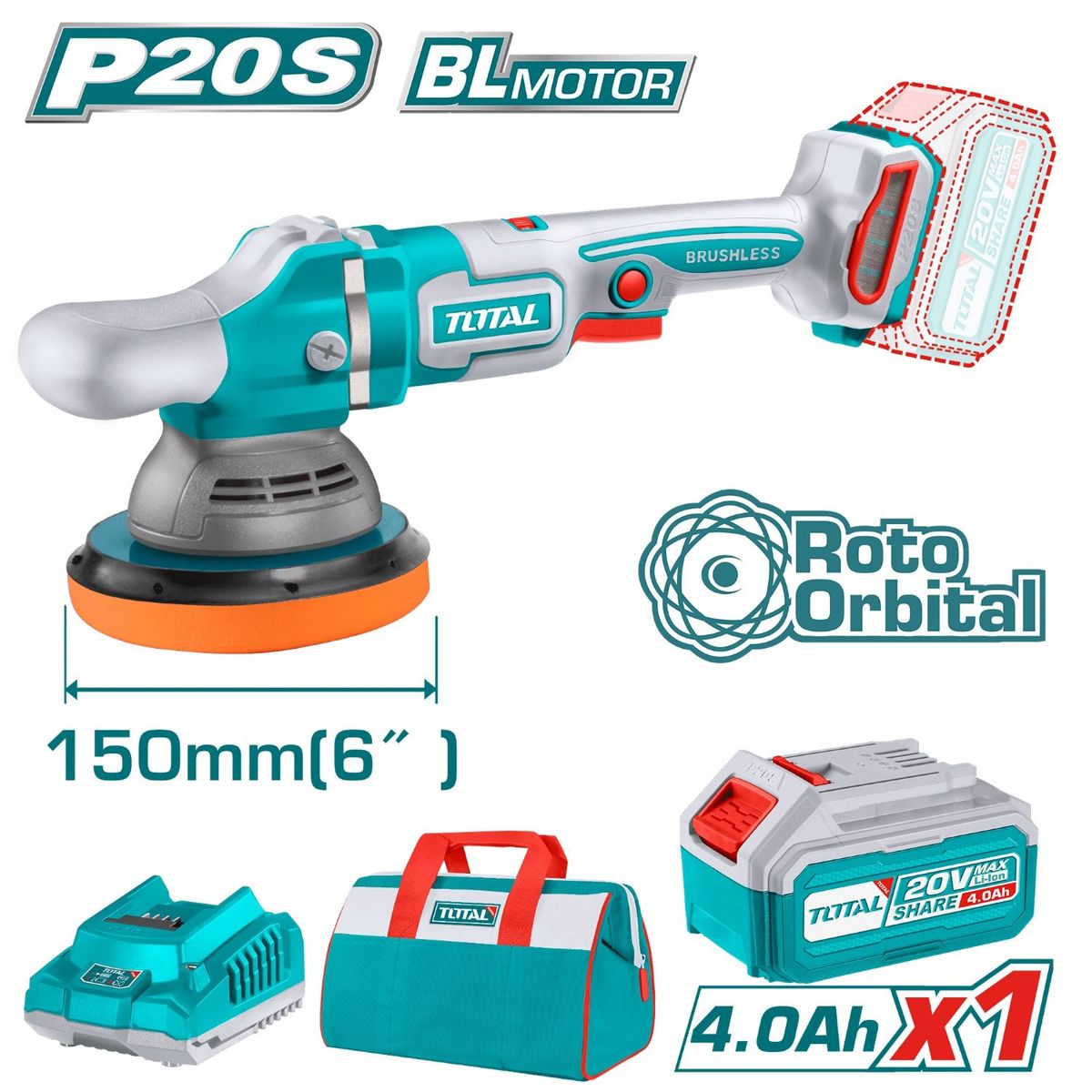 TOTAL TOOLS - PULIDORA 6 PULGADAS 20V PESADA, CON BATERÍA Y CARGADOR-TAPLI20151