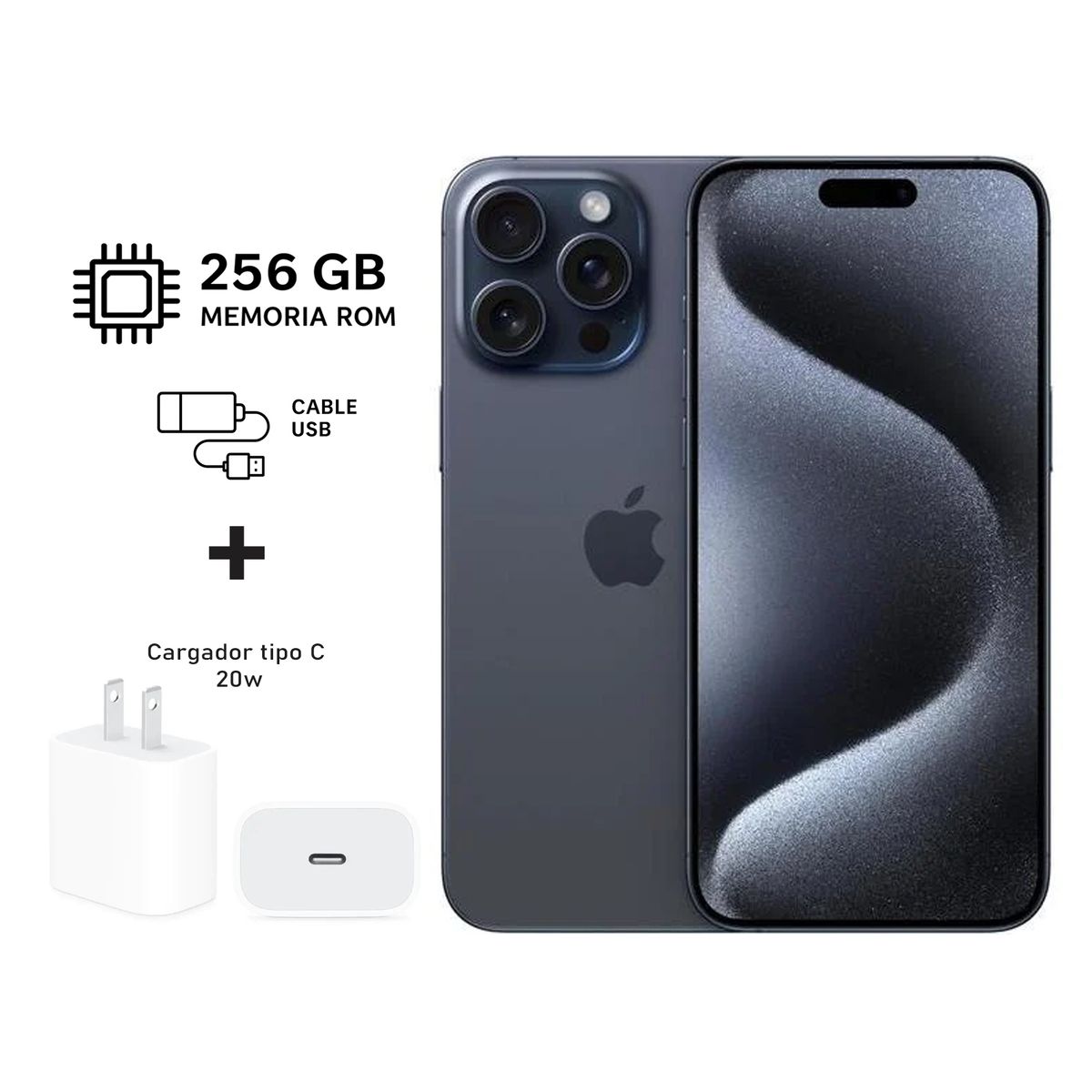 APPLE - Apple Iphone 15 Pro 256gb Azul + Kit de carga. Reacondicionado A2848