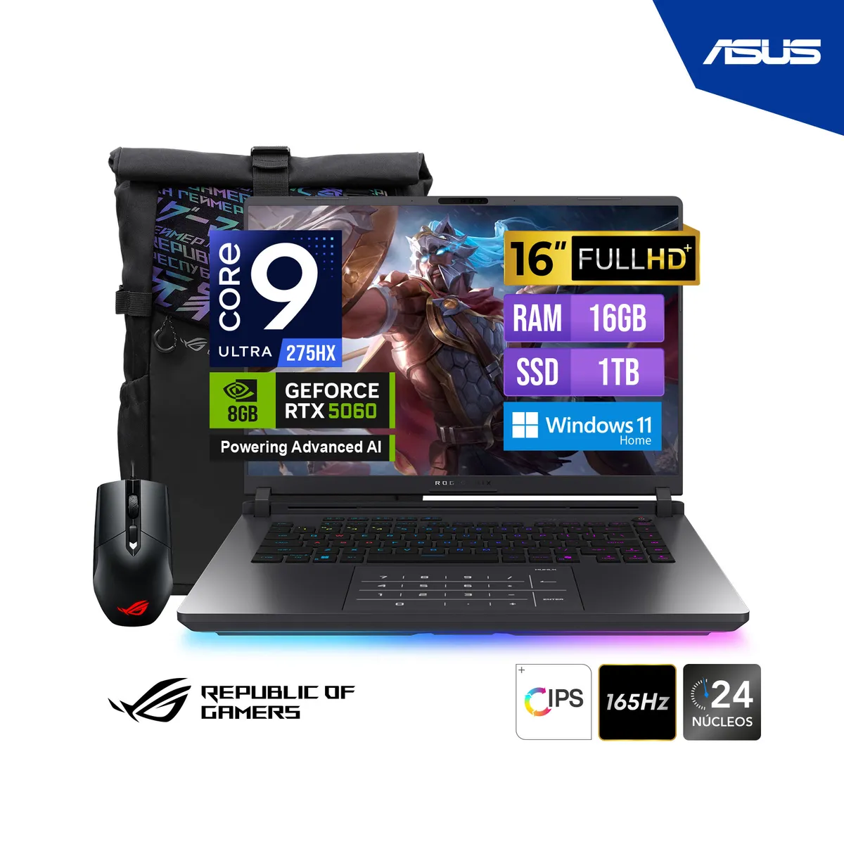 ASUS - LAPTOP ASUS ROG STRIX G16 Ultra9 16 1TB16GBRTX5060 8GB W11H MOCHILA MOUSE