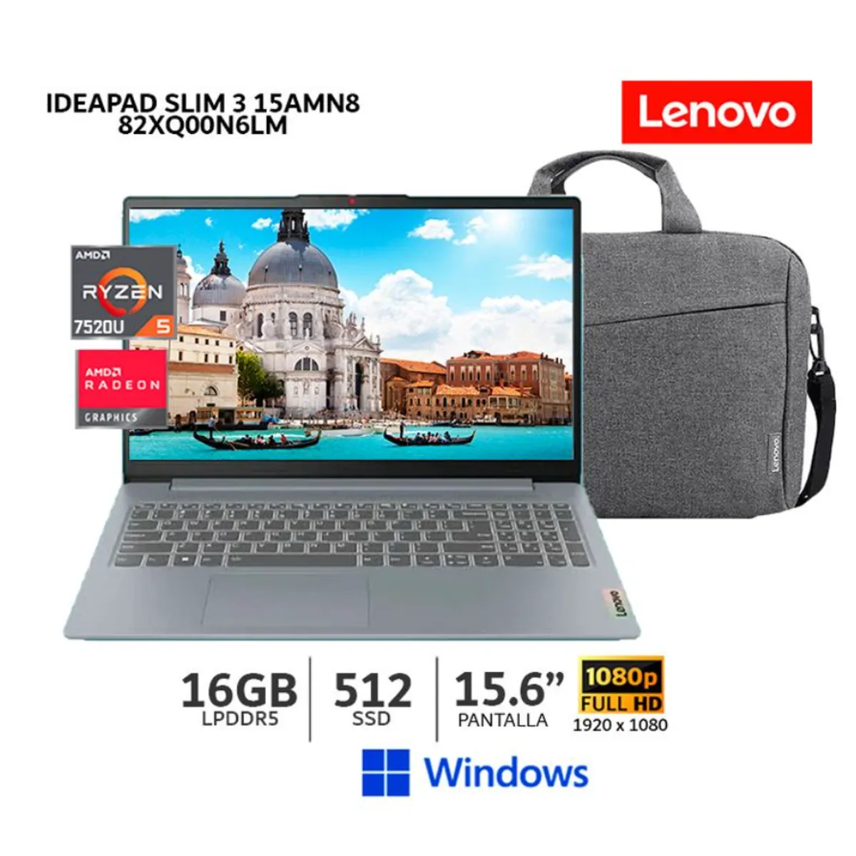 LENOVO - LAPTOP LENOVO IDEAPAD SLIM 3 15AMN8 RYZEN 5 7520U 82XQ00N6LM RAM 16GB DDR5 SSD 512GB 15.6" FHD