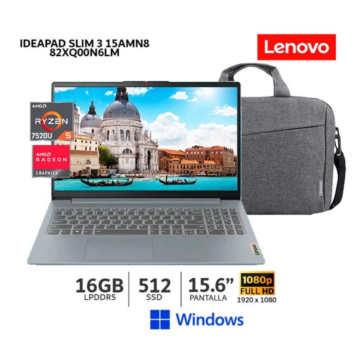 LENOVO - LAPTOP LENOVO IDEAPAD SLIM 3 15AMN8 RYZEN 5 7520U 82XQ00N6LM RAM 16GB DDR5 SSD 512GB 15.6" FHD