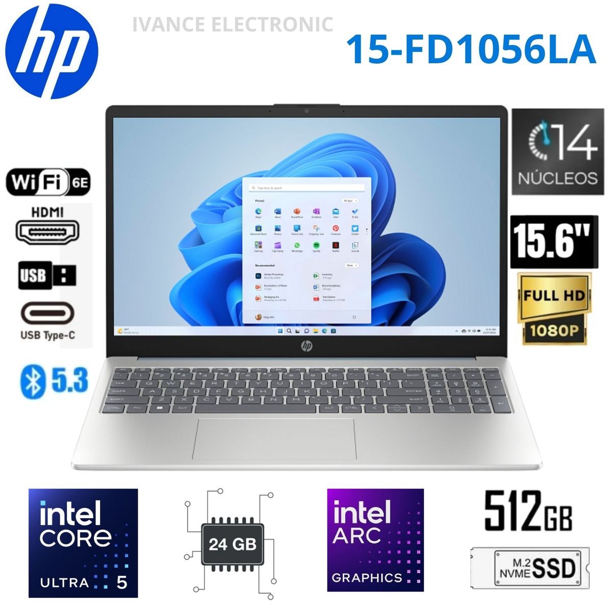 HP - Laptop HP Intel Core Ultra 5 125H 15-FD1056LA 24GB RAM 512GB SSD 15.6" FHD Win 11