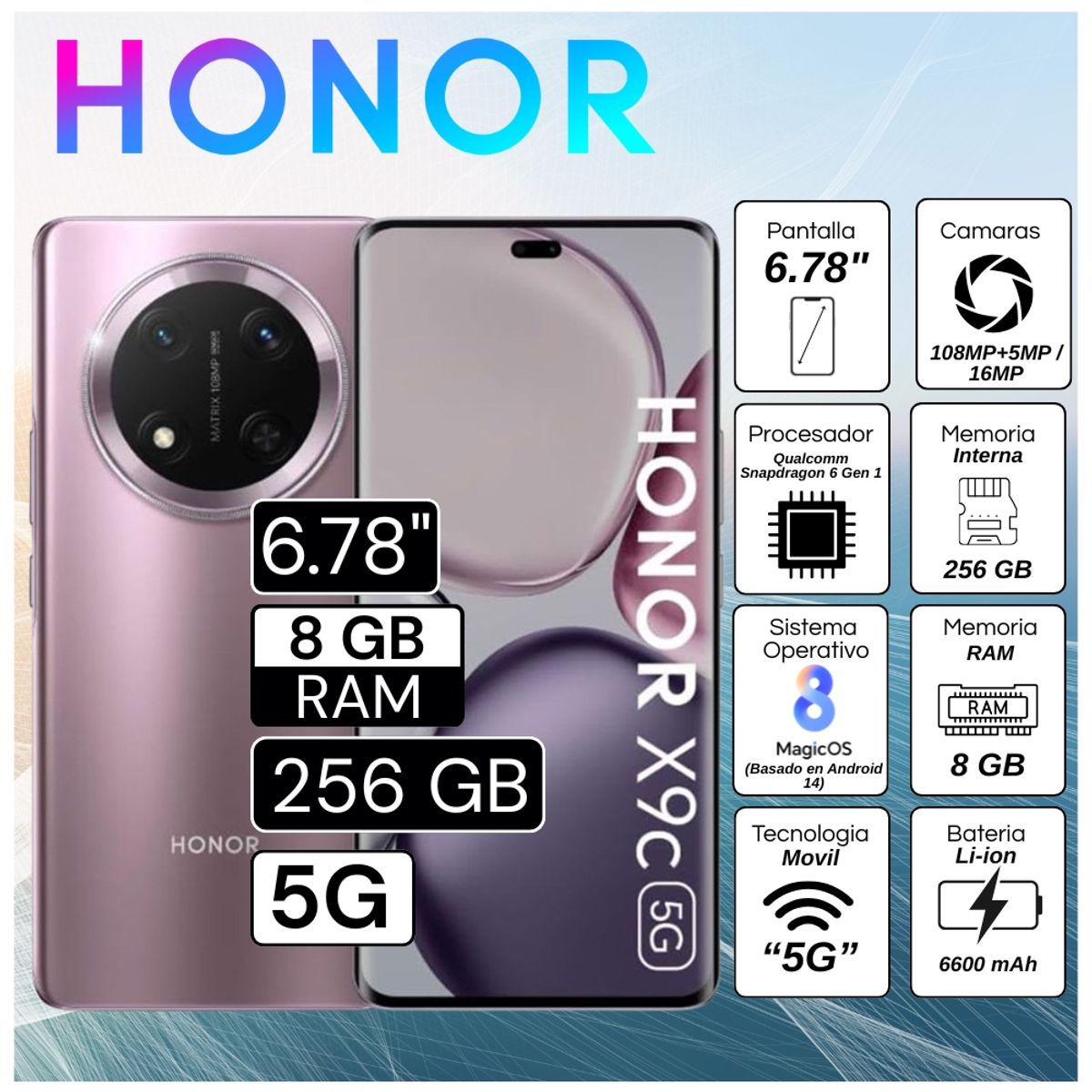 HONOR - Celular Honor X9C 5G  6.78"  Pulg. 8GB RAM 256GB RAM MagicOS 8.0 - Morado Titanio