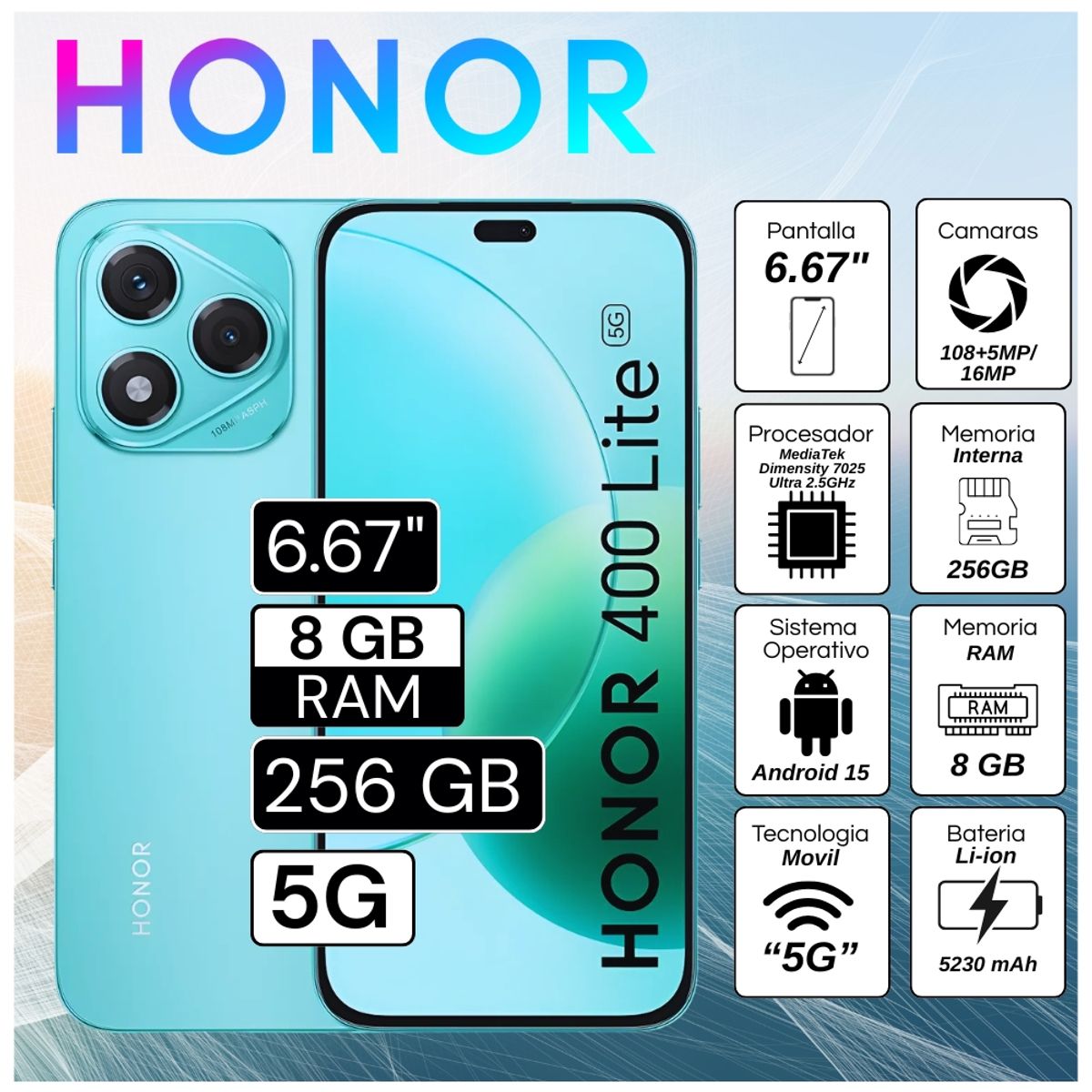 HONOR - Celular Honor 400 Lite 5G 8GB RAM 256GB 6.7"  Pulg. Android 15 - Verde Marino