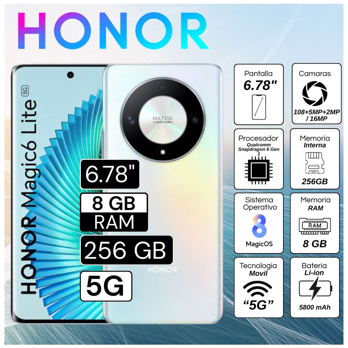 HONOR - Celular Honor Magic 6 Lite 5G 8GB RAM 256GB 6.78"  Pulg. MagicOS 8.0 - Plata Titanio