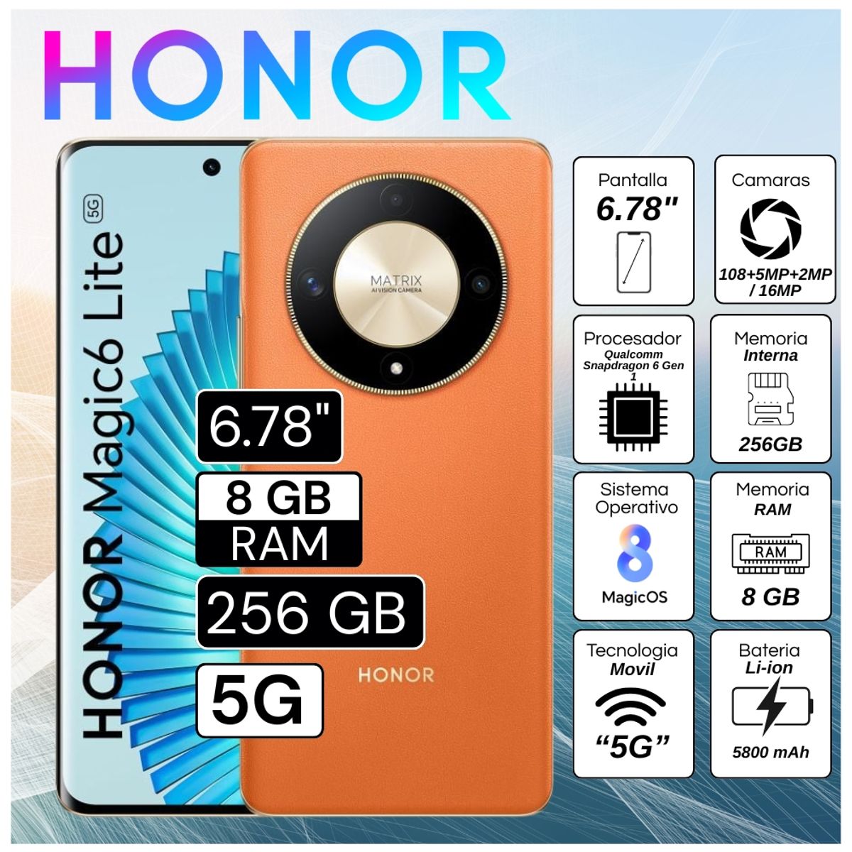 HONOR - Celular Honor Magic 6 Lite 5G 8GB RAM 256GB 6.78"  Pulg. MagicOS 8.0 - Naranja Solar