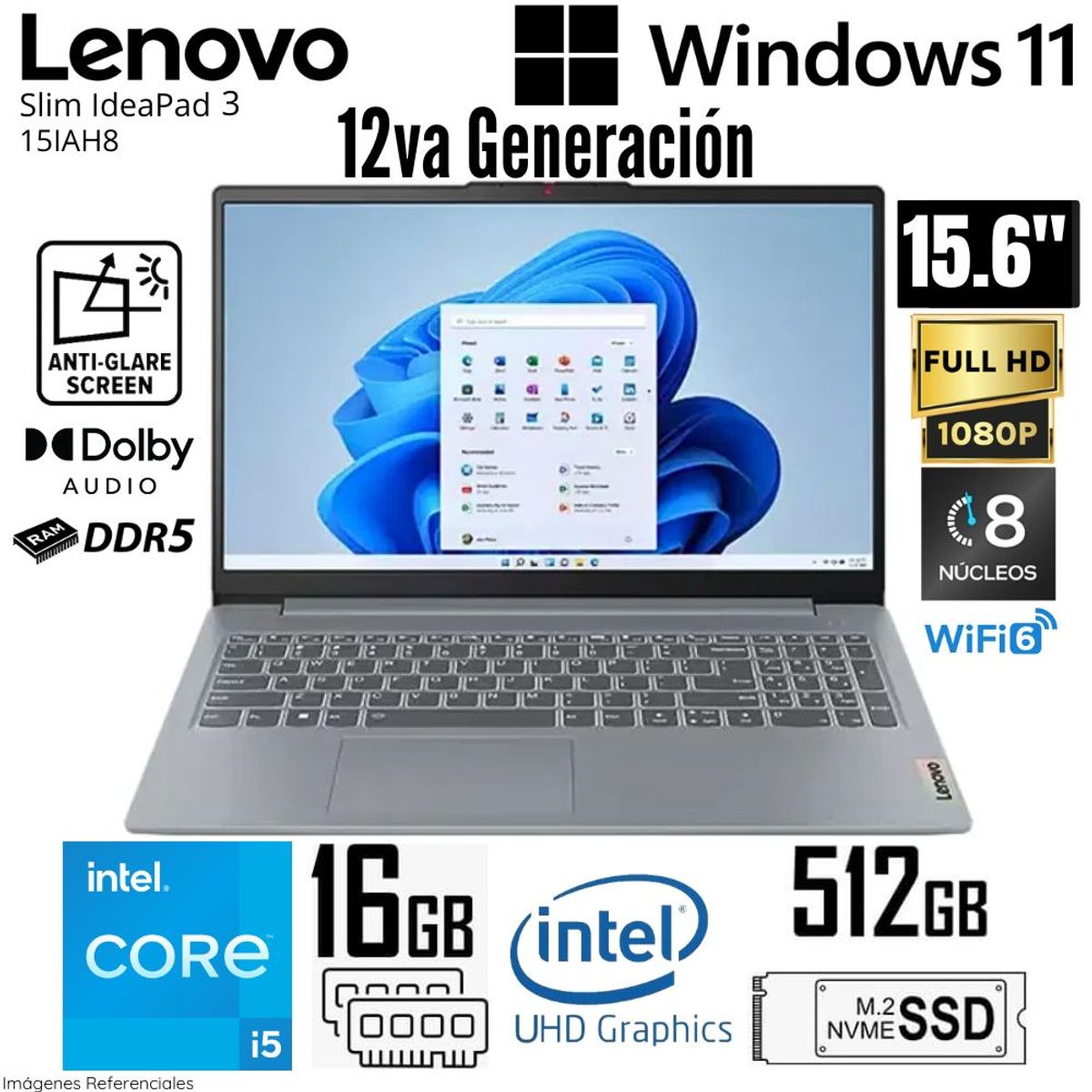 LENOVO - Laptop Lenovo IdeaPad Slim 3 15IAH8 Intel Core i5-12450H 16GB RAM 512GB SSD 15.6"  FHD - Arctic Grey