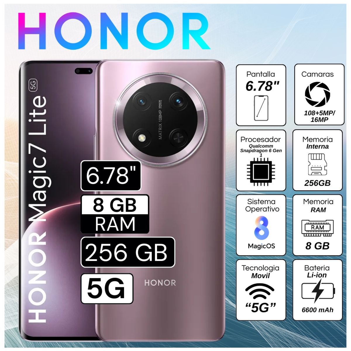 HONOR - Celular Honor Magic 7 Lite 5G 8GB RAM 256GB 6.78"  Pulg. MagicOS 8.0 - Morado Titanio