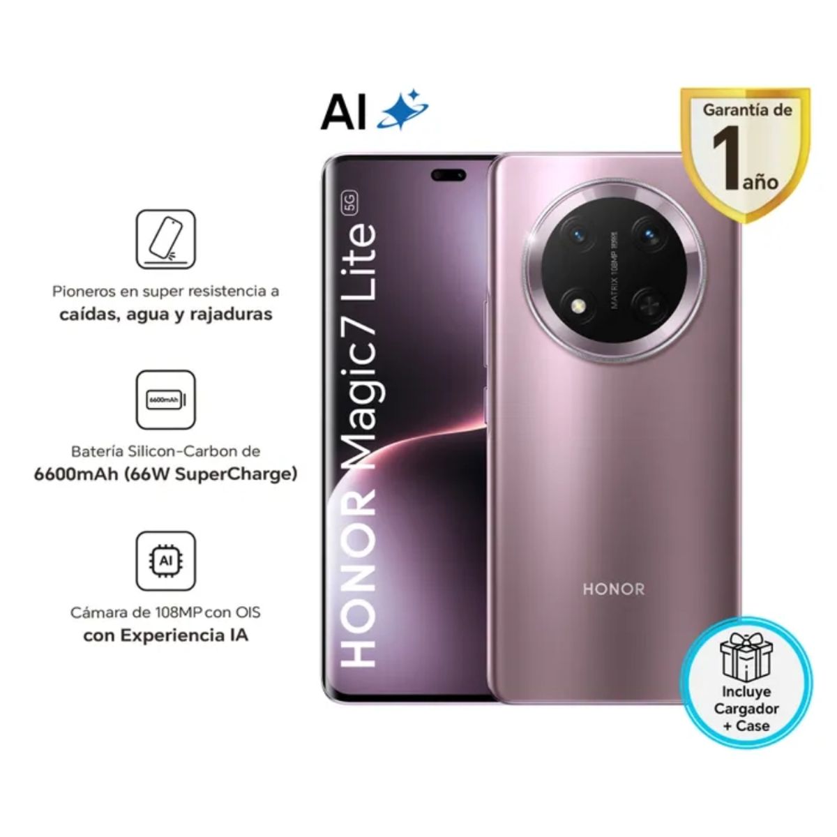 HONOR - Celular Honor Magic 7 Lite 5G 8GB RAM 256GB 6.78"  Pulg. MagicOS 8.0 - Morado Titanio