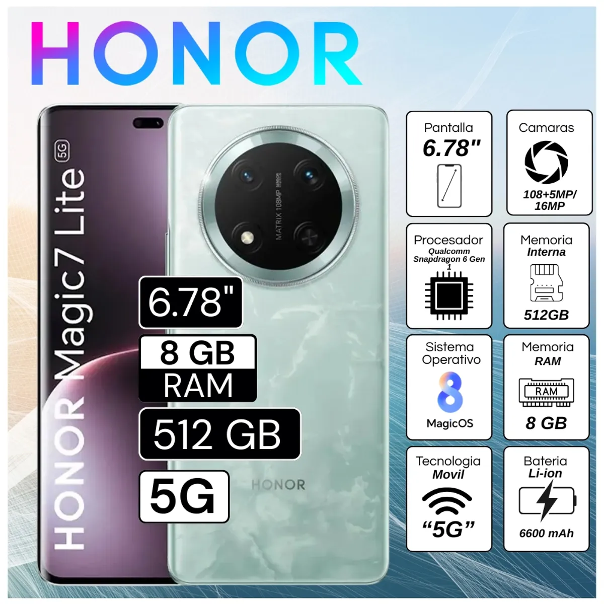 Celular Honor Magic 7 Lite 5G 8GB RAM 512GB 6.78"  Pulg. MagicOS 8.0 - Jade Cian, marca HONOR - Foto Principal