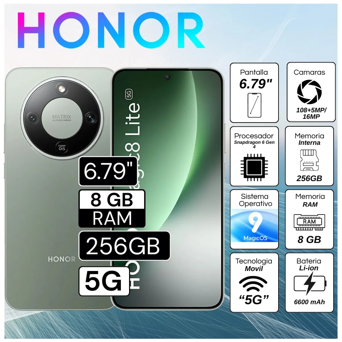 HONOR - Celular Honor Magic 8 Lite 5G 8GB RAM 256GB 6.79"  Pulg. MagicOS 9.0 - Verde Bosque