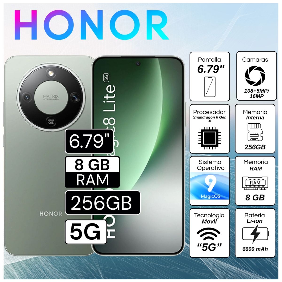 HONOR - Celular Honor Magic 8 Lite 5G 8GB RAM 256GB 6.79"  Pulg. MagicOS 9.0 - Verde Bosque