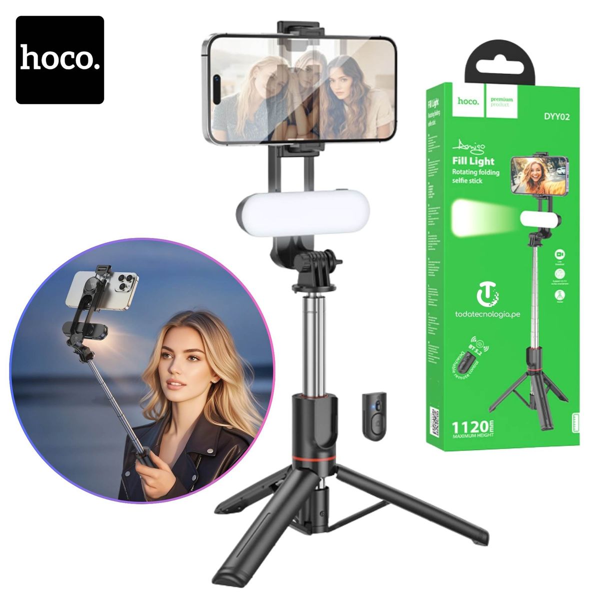 HOCO - Tripode Selfie Stick 112CM con Luz LED Recargable + Control Bluetooth  Plegable