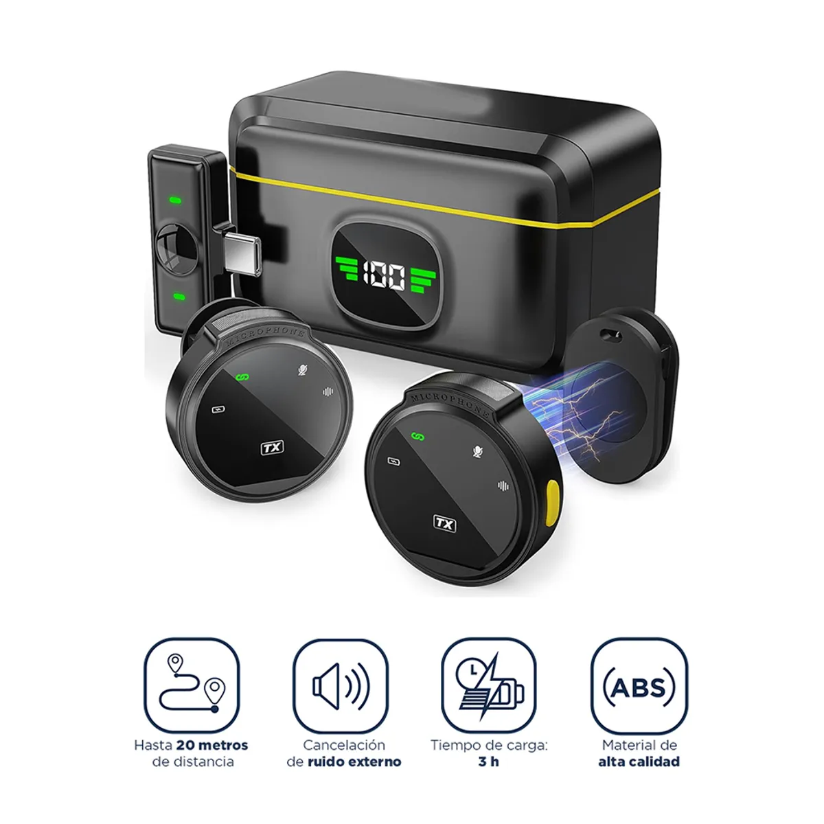 GENERICO - Micrófono Inalámbrico con Cargador y ANC 40 Horas Tipo C 2 TX + 1 RX