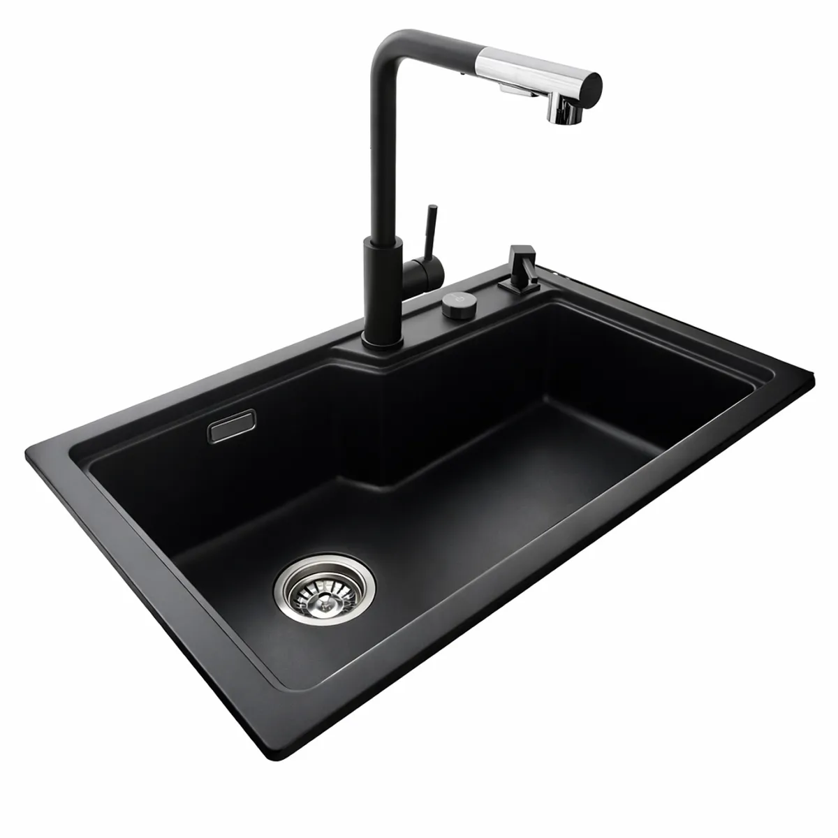 Lavadero de Cuarzo Negro 75x47cm Con Grifo, Control de Drenaje y Dispensador de Detergente Líquido, marca HILIVING - Foto 2