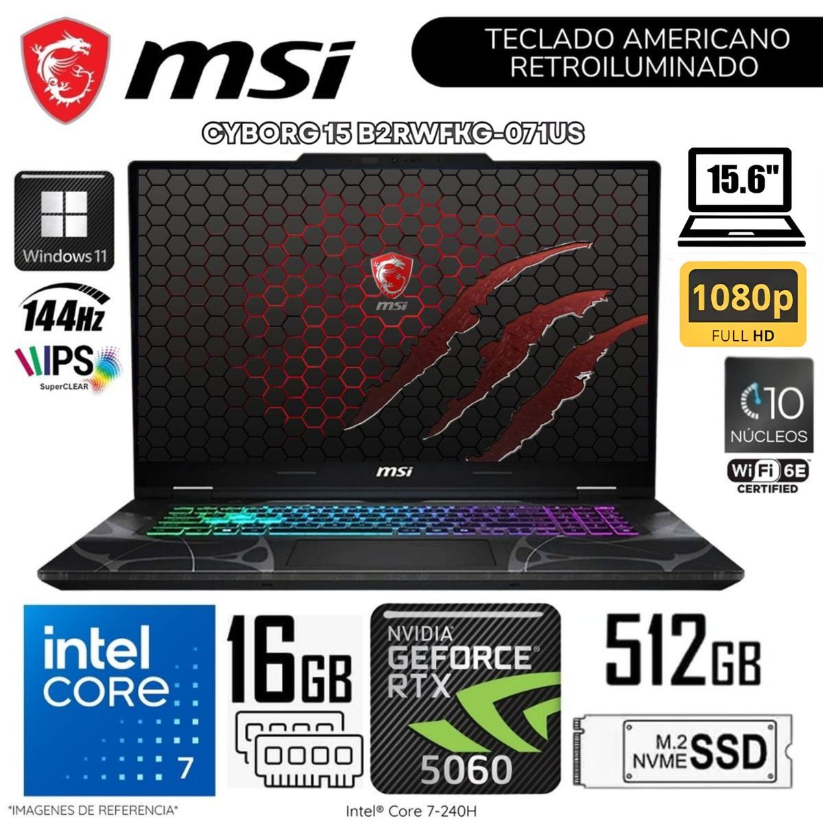 MSI - Laptop Gamer MSI Cyborg 15 i7-240H 16GB RAM 512GB SSD 15.6" RTX5060-8GB FHD 15.6" W11 B2RWFKG-071US