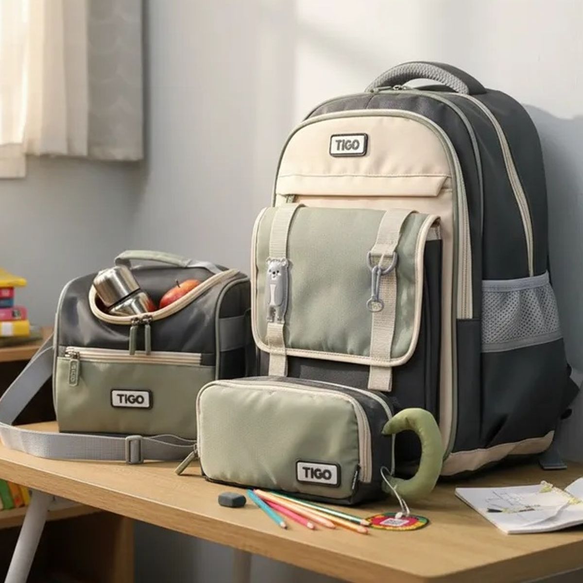 TIGO - MOCHILA ESCOLAR + LOCHERA+ CARTUCHERA- TIGO 3 PIEZAS