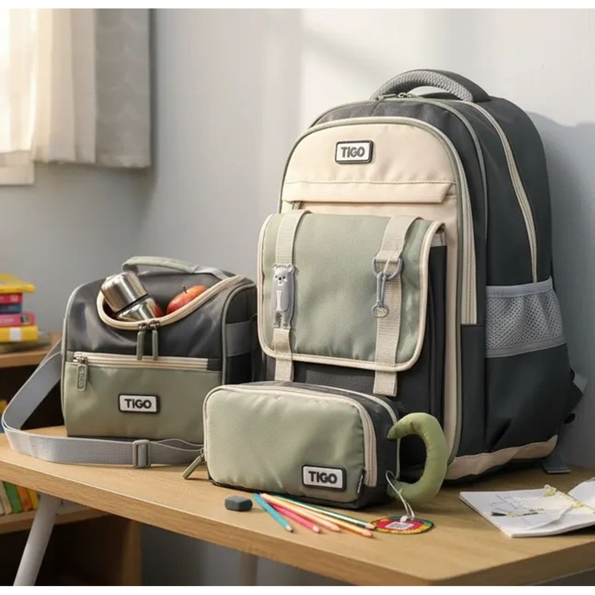 TIGO - MOCHILA ESCOLAR + LOCHERA+ CARTUCHERA- TIGO 3 PIEZAS