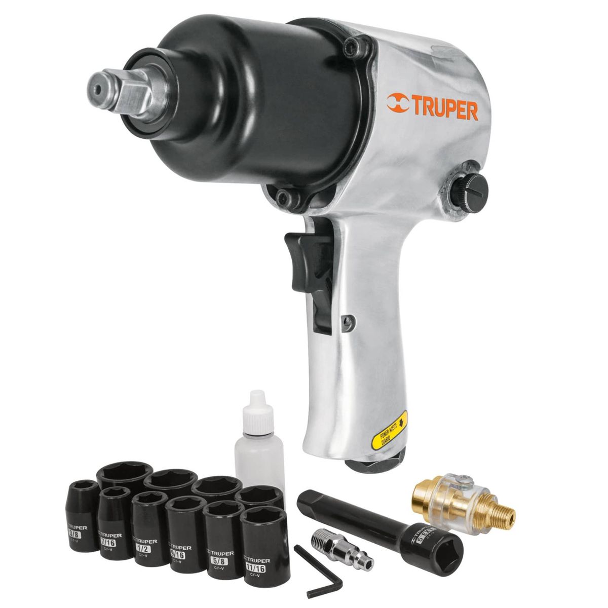 TRUPER - Kit llave de impacto neumático 1/2"P, 10 dados de impacto, con maleta
