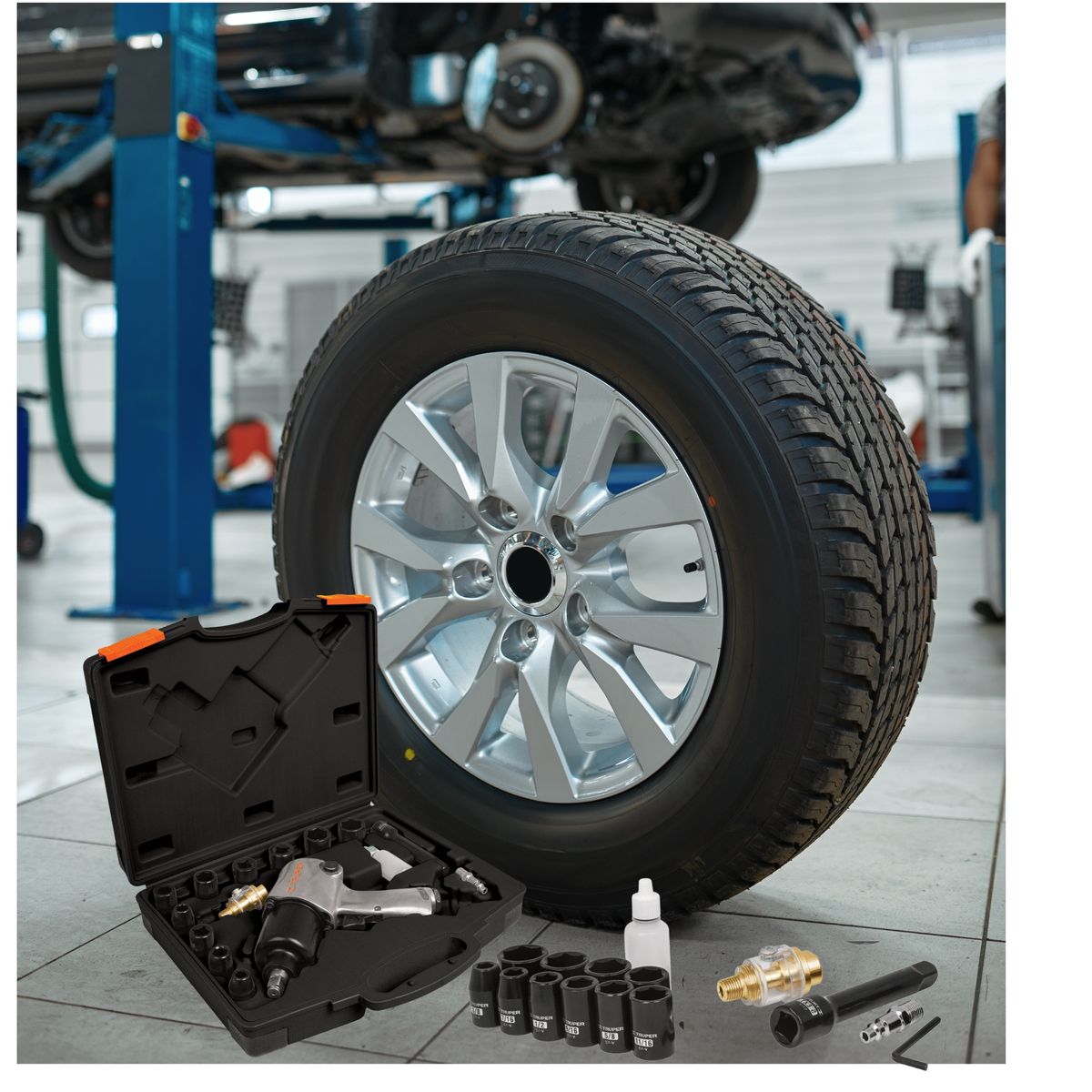 TRUPER - Kit llave de impacto neumático 1/2"P, 10 dados de impacto, con maleta