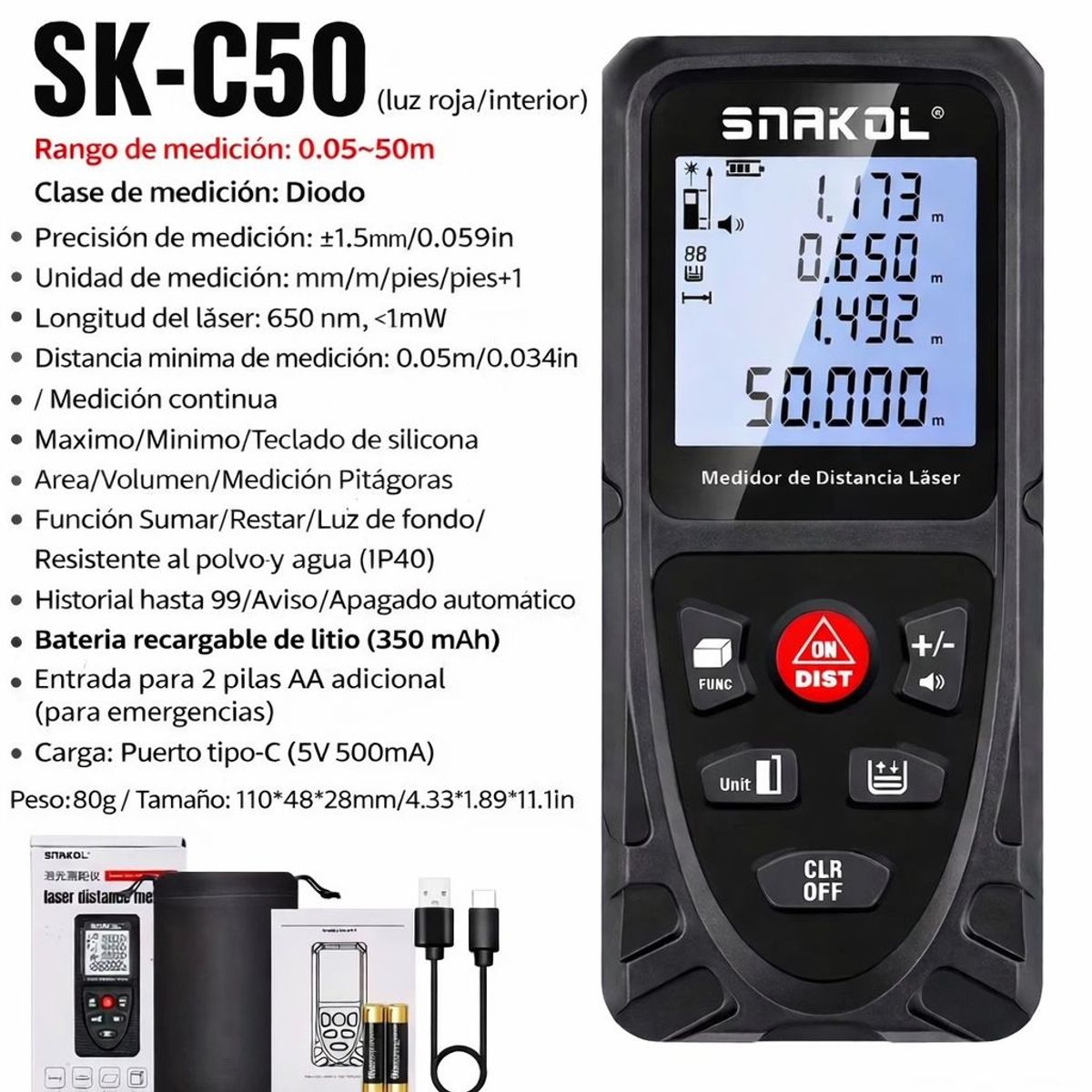 GENERICO - DISTANCIOMETRO RECARGABLE WINCHA LASER 50 M MEDIDOR DISTANCIA