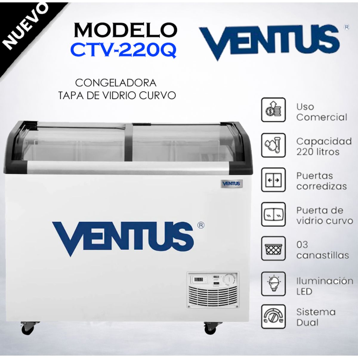 VENTUS - CONGELADORA TAPA VIDRIO CURVO 220 LT VENTUS CTV-220Q