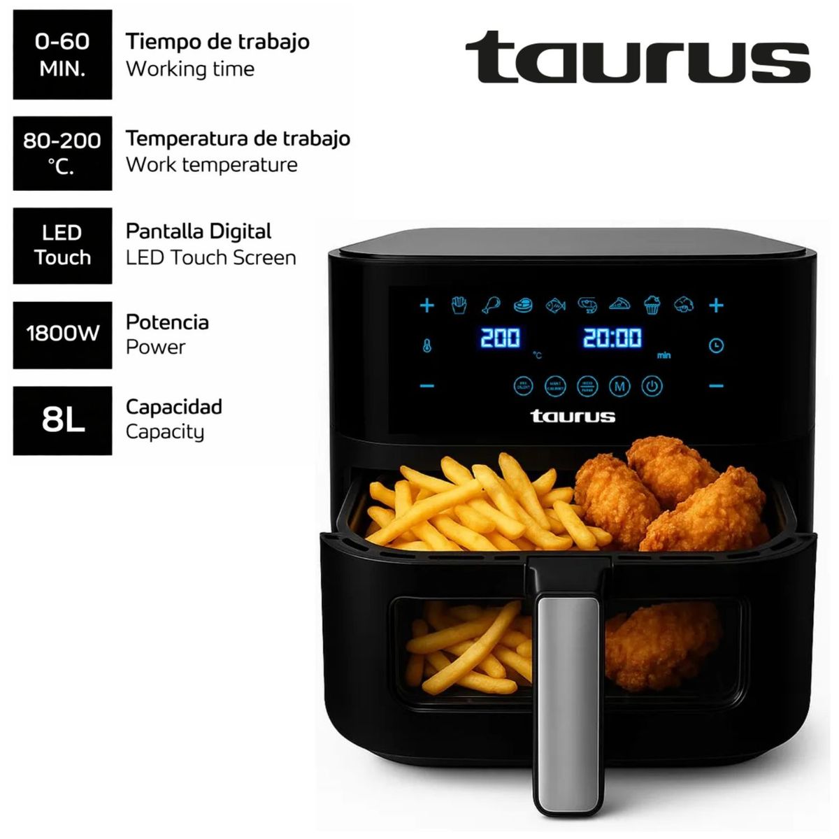 TAURUS - Freidora de Aire Taurus Aero Crispy 8 Litros Digital Negro