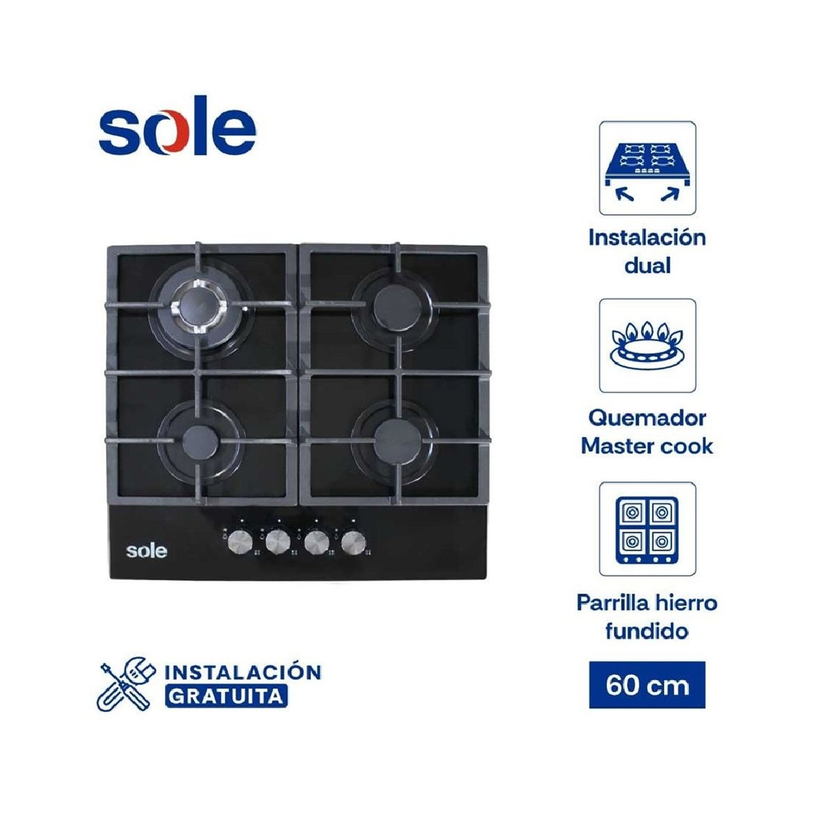 SOLE - ENCIMERA VIDRIO TEMPLADO SOLE A GAS 60CM SOLCO045V2