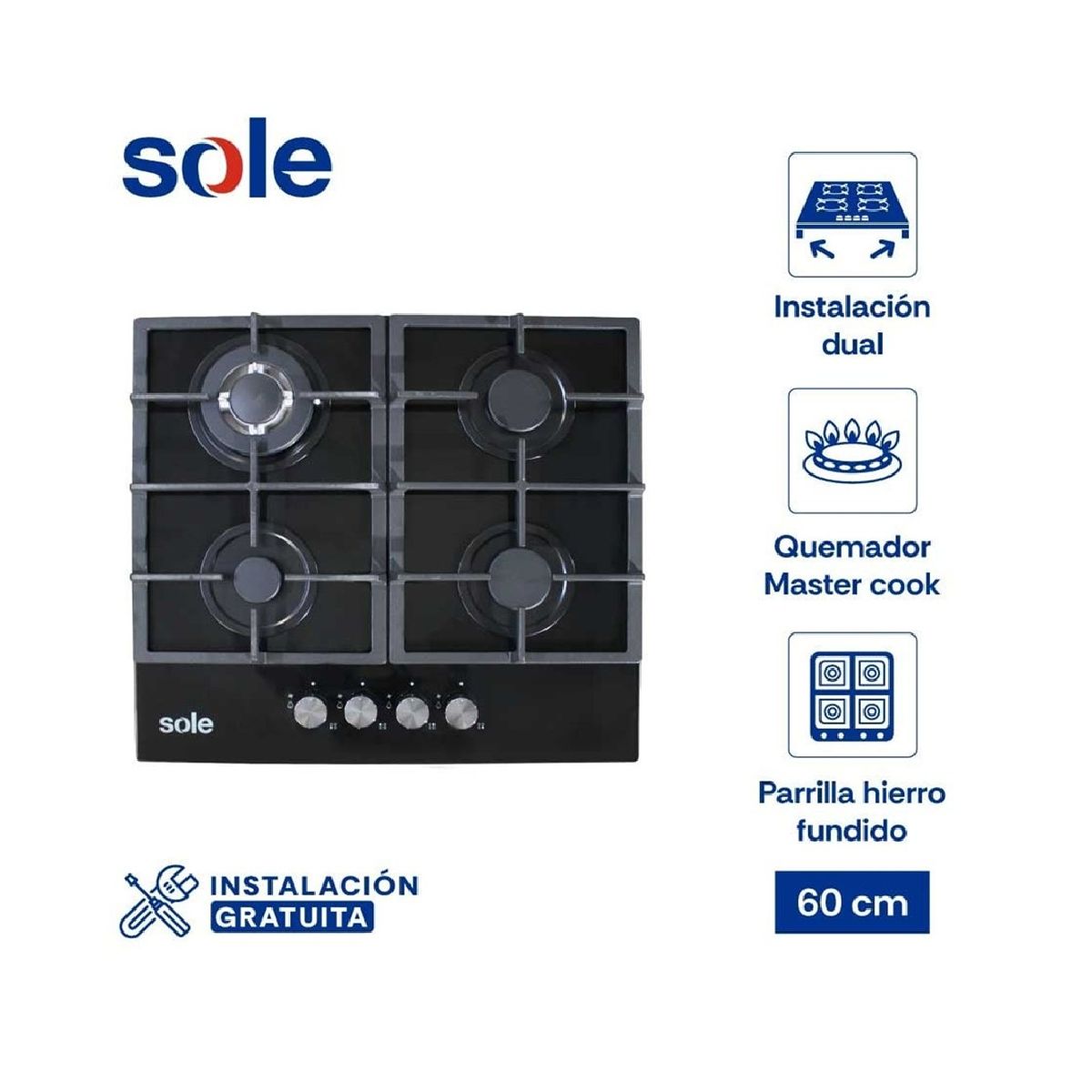 SOLE - ENCIMERA VIDRIO TEMPLADO SOLE A GAS 60CM SOLCO045V2
