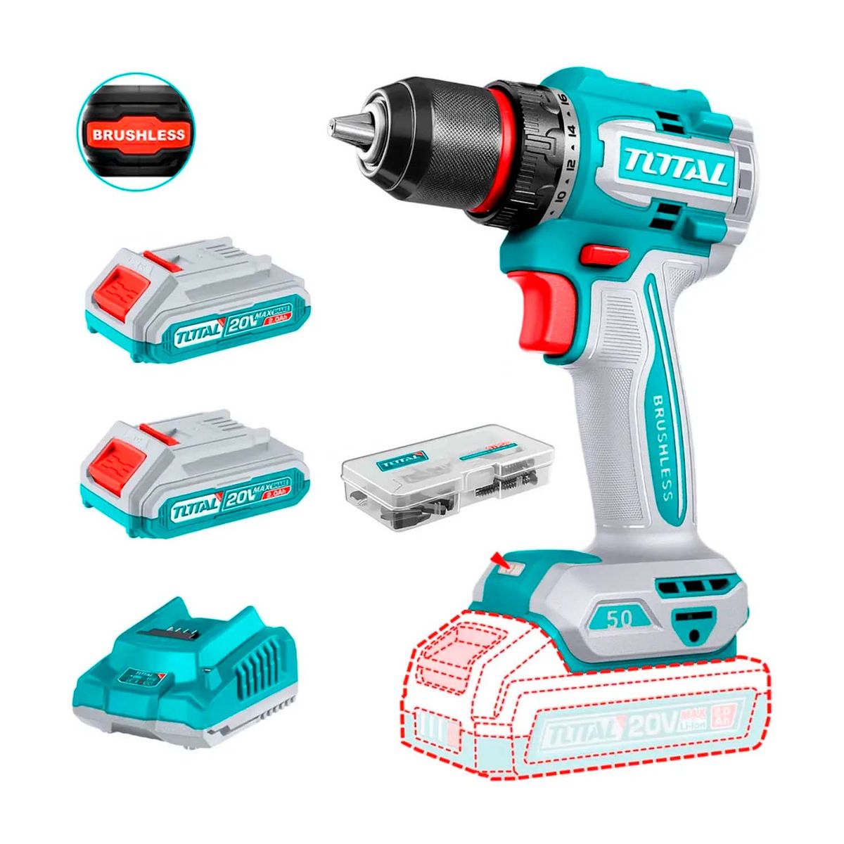 Total Tools - Taladro Atornillador Total 50nm + 2 Bats 20v 2.0ah + Acss