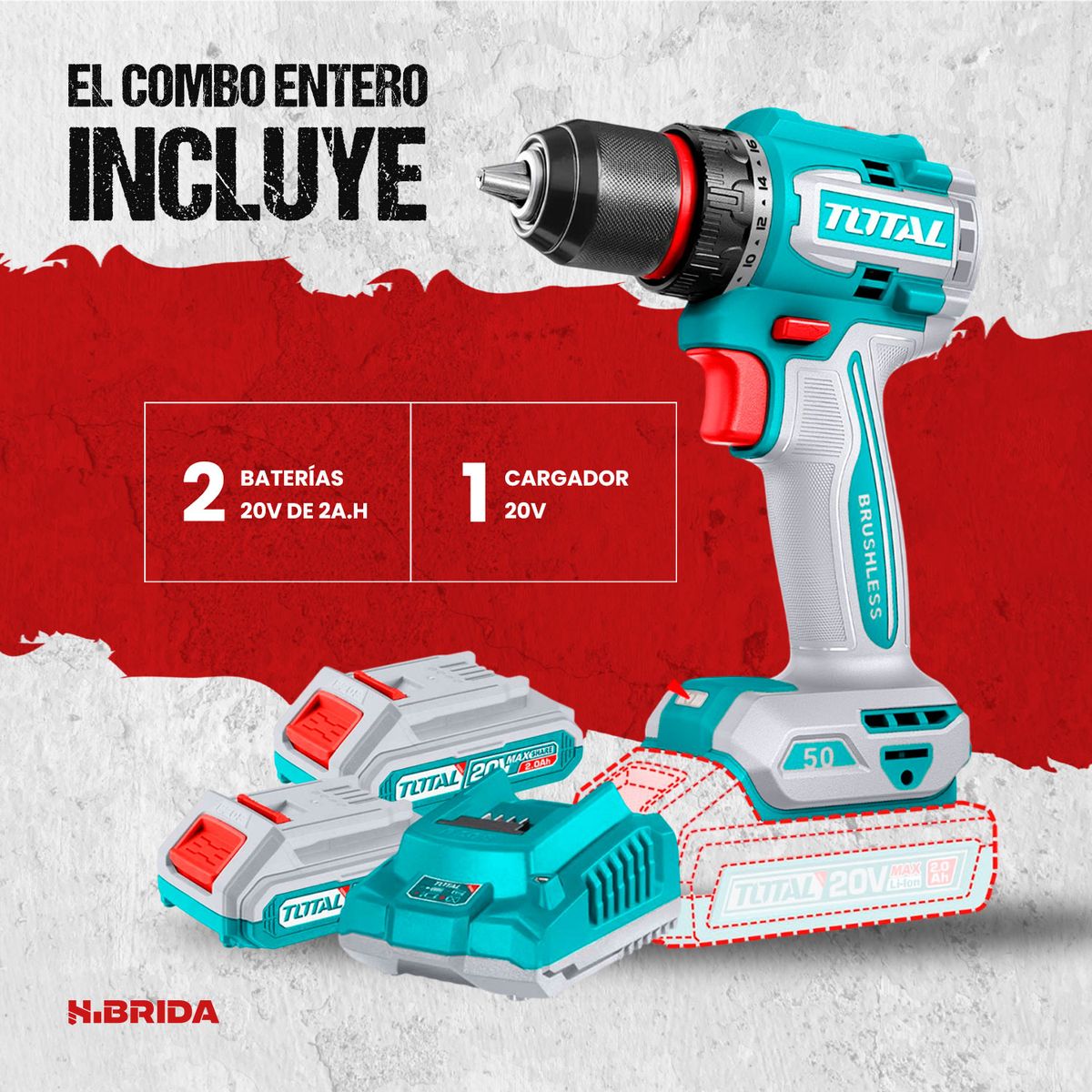 Total Tools - Taladro Atornillador Total 50nm + 2 Bats 20v 2.0ah + Acss